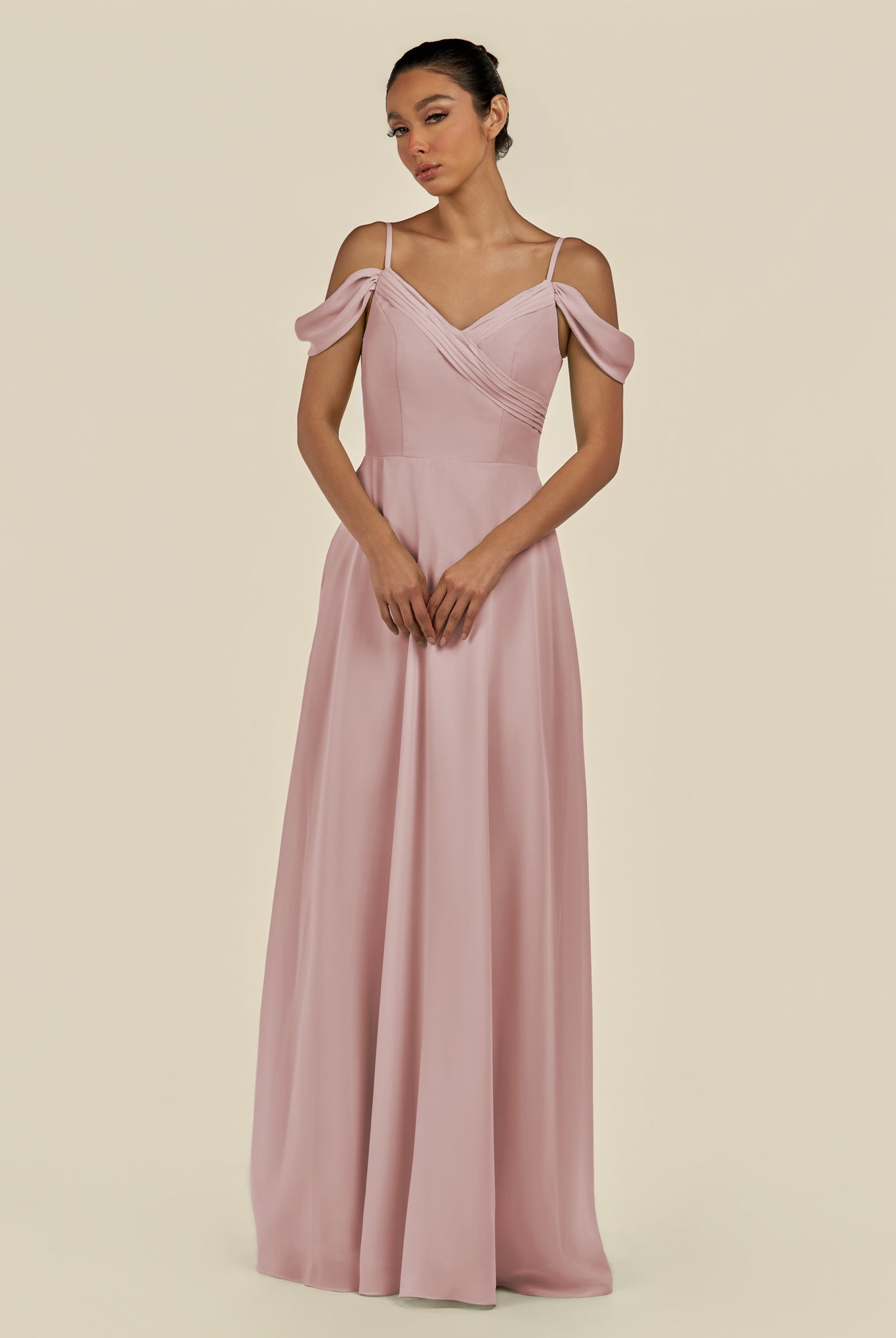 KissDress-Elvani Dusty Rose A Line Chiffon Off the Shoulder Long Bridesmaid Dress with Pleats