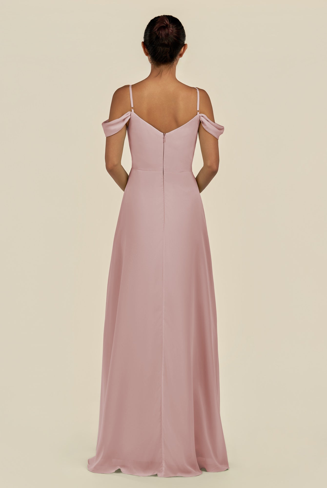 KissDress-Elvani Dusty Rose A Line Chiffon Off the Shoulder Long Bridesmaid Dress with Pleats