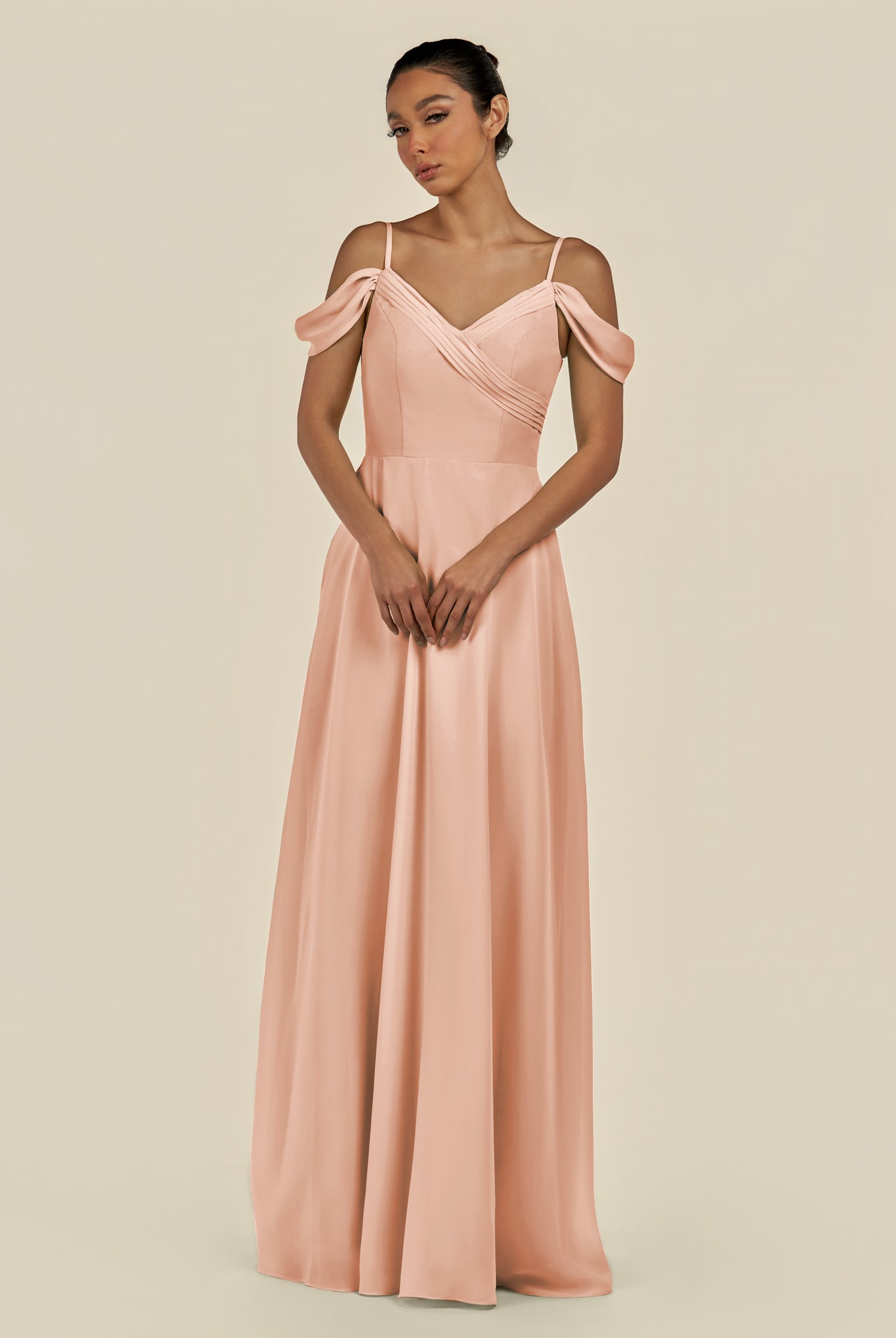 KissDress-Elvani English Rose A Line Chiffon Off the Shoulder Long Bridesmaid Dress with Pleats