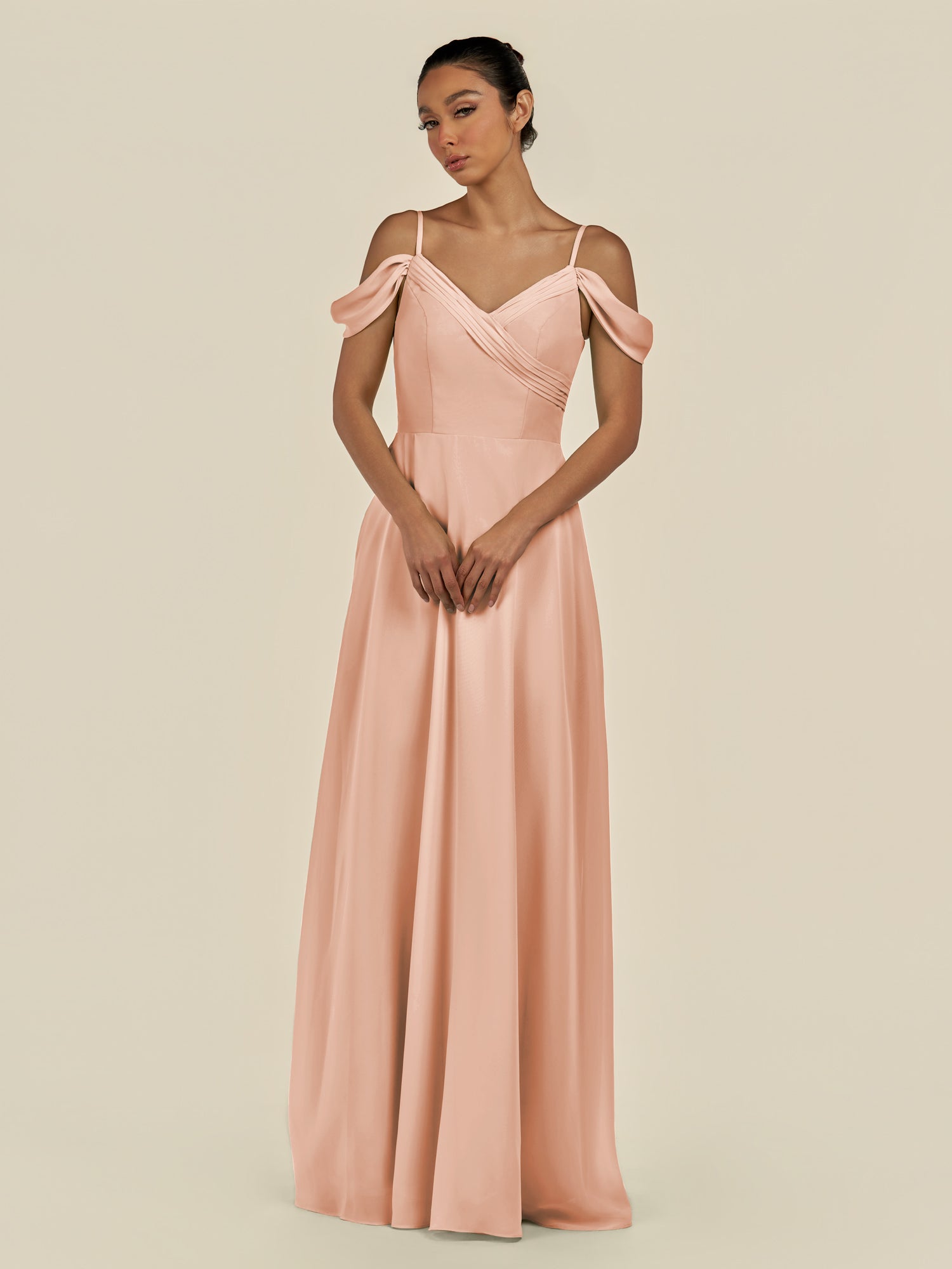 KissDress-Elvani English Rose A Line Chiffon Off the Shoulder Long Bridesmaid Dress with Pleats