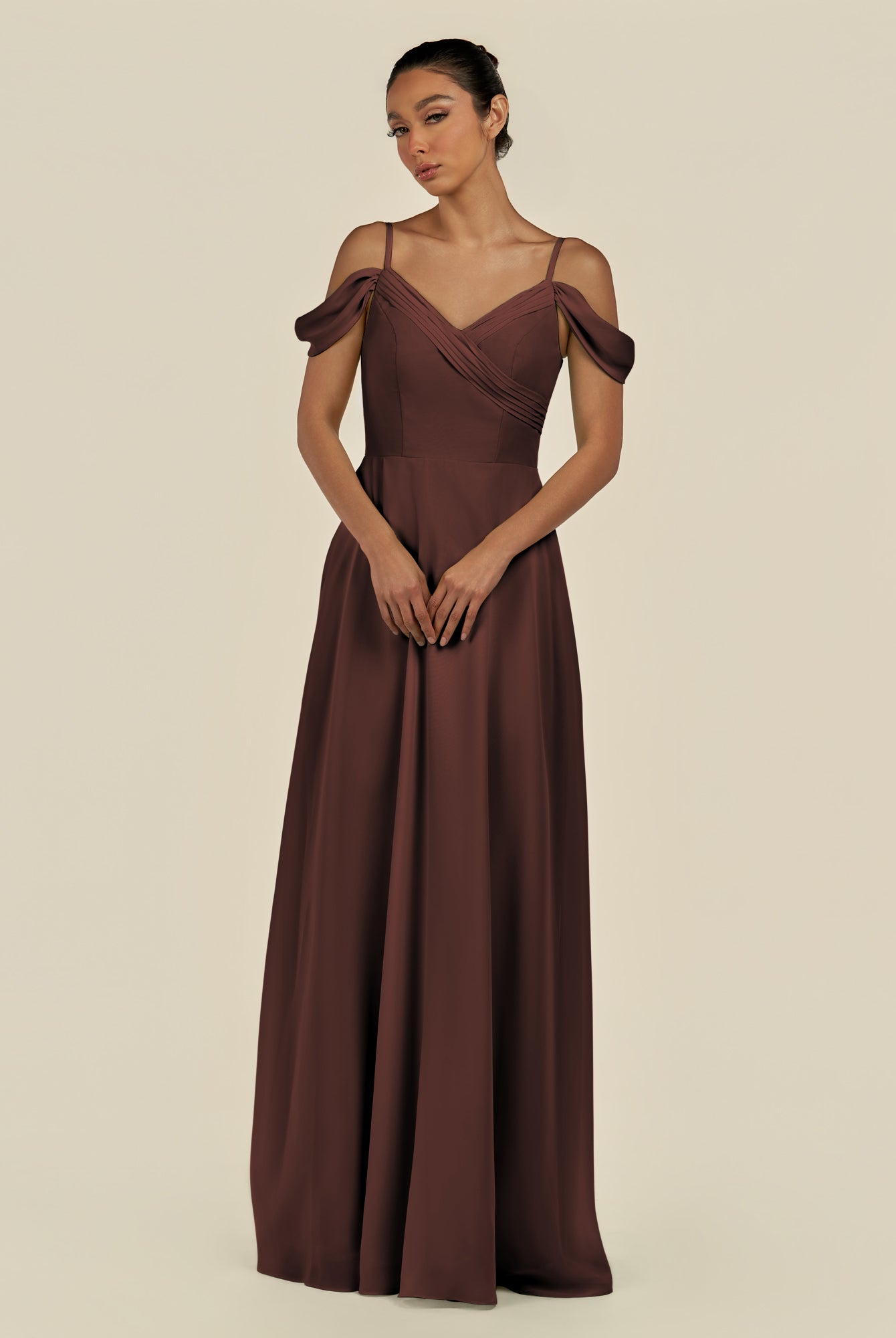 KissDress-Elvani Espresso A Line Chiffon Off the Shoulder Long Bridesmaid Dress with Pleats