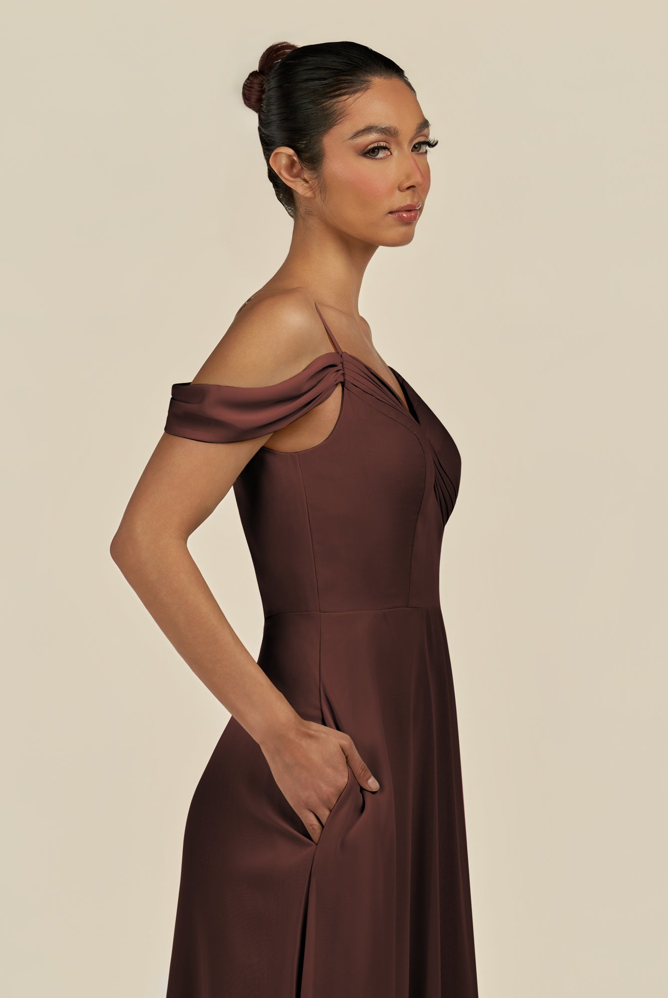 KissDress-Elvani Espresso A Line Chiffon Off the Shoulder Long Bridesmaid Dress with Pleats