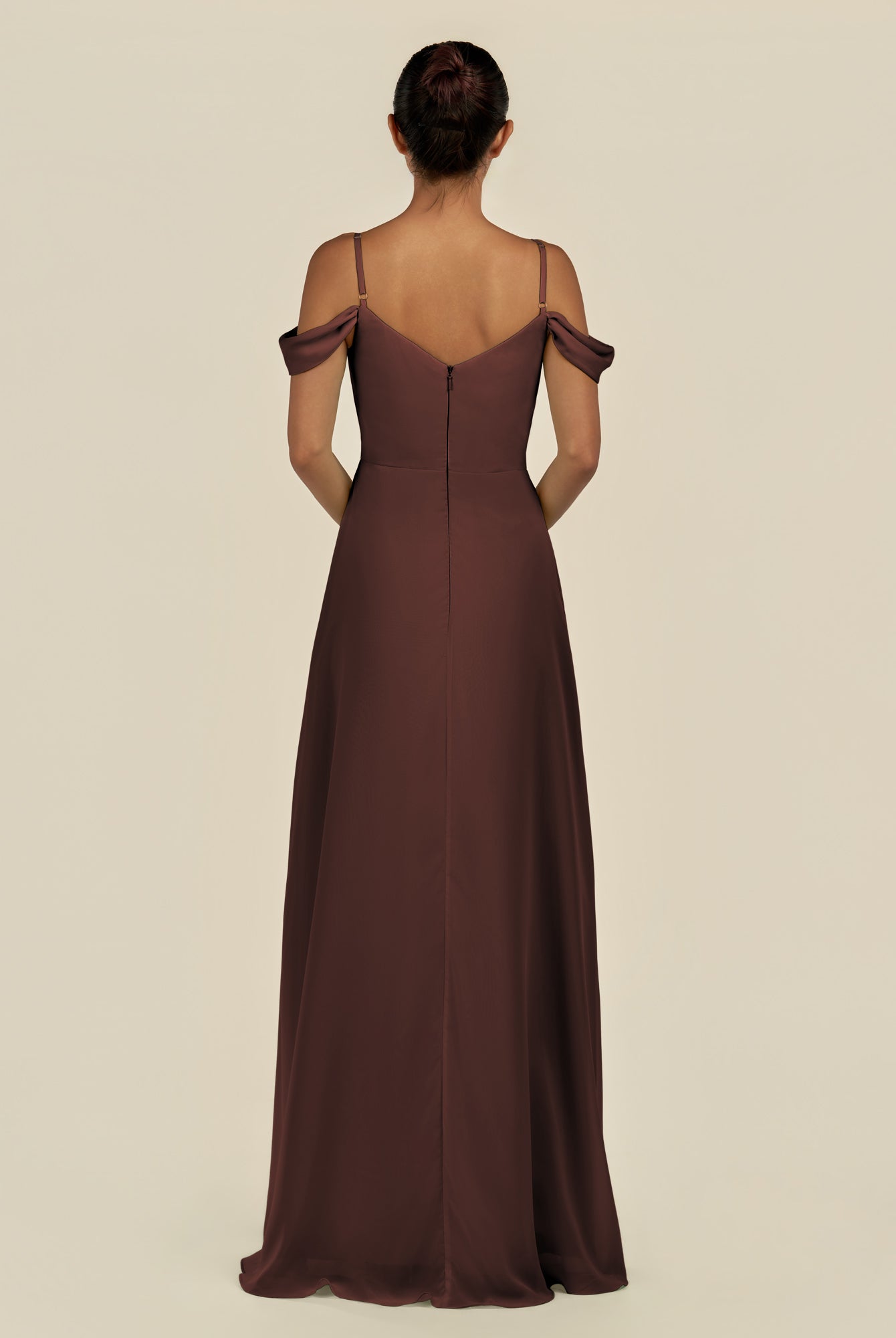 KissDress-Elvani Espresso A Line Chiffon Off the Shoulder Long Bridesmaid Dress with Pleats
