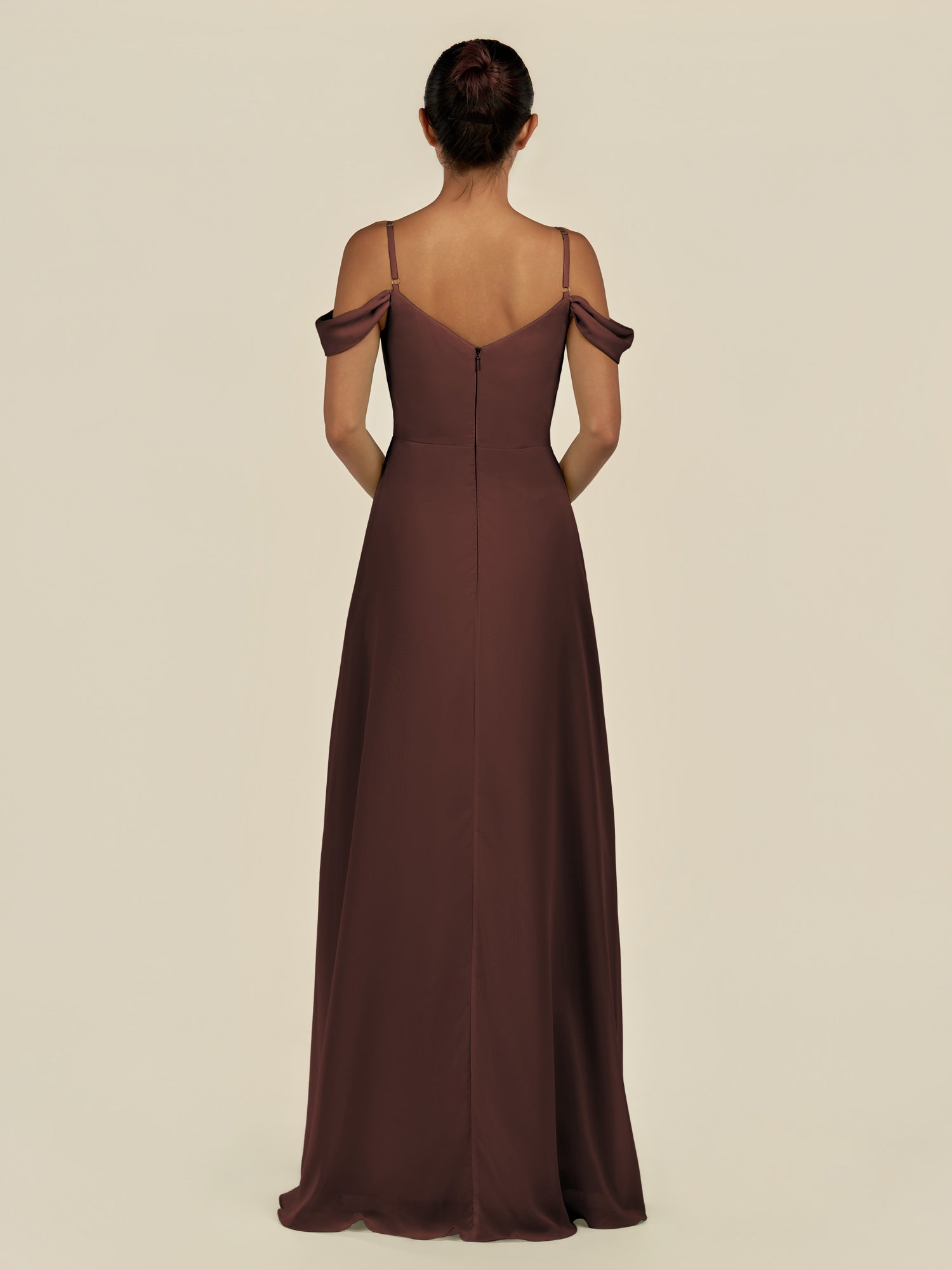 KissDress-Elvani Espresso A Line Chiffon Off the Shoulder Long Bridesmaid Dress with Pleats