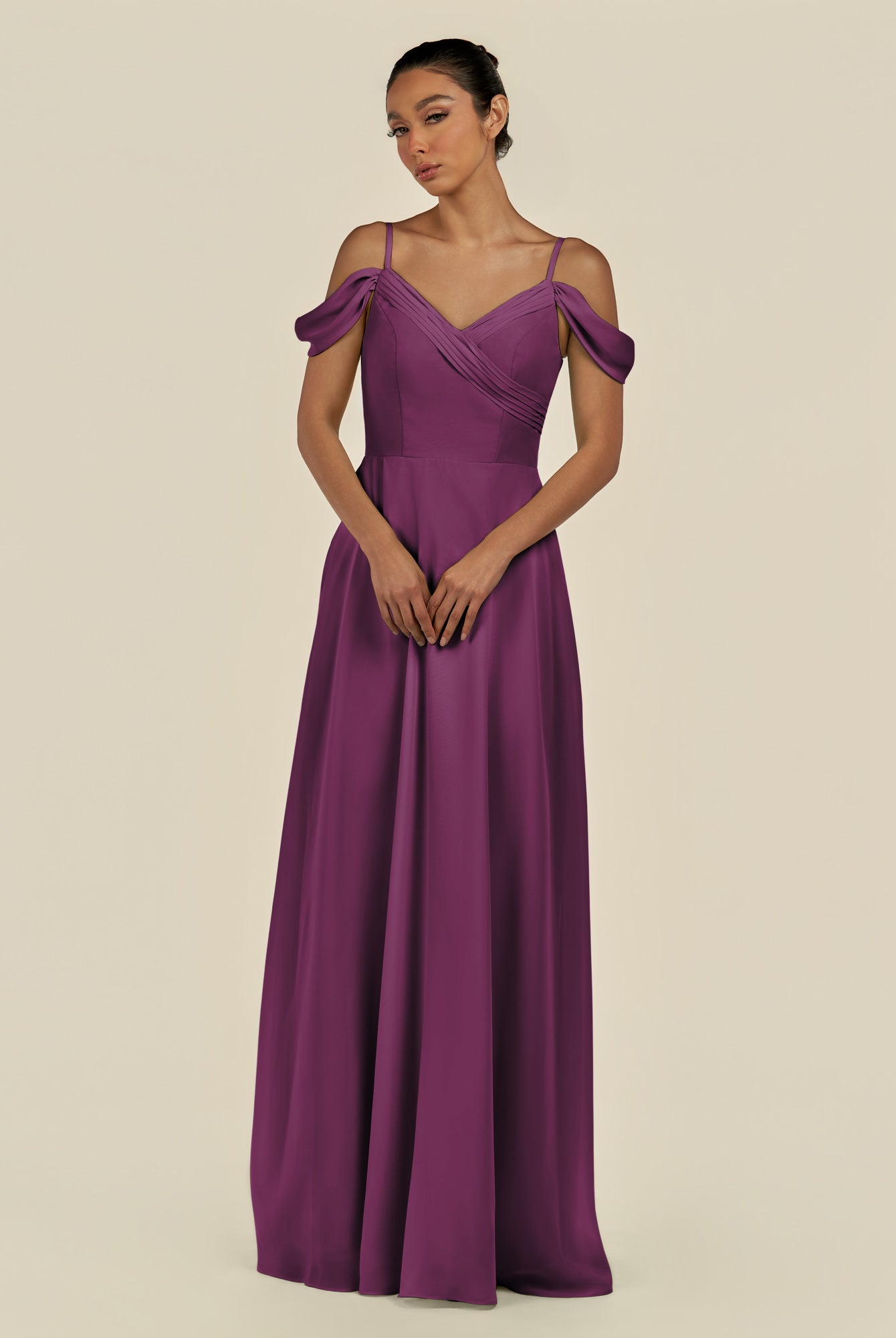 KissDress-Elvani Fig A Line Chiffon Off the Shoulder Long Bridesmaid Dress with Pleats