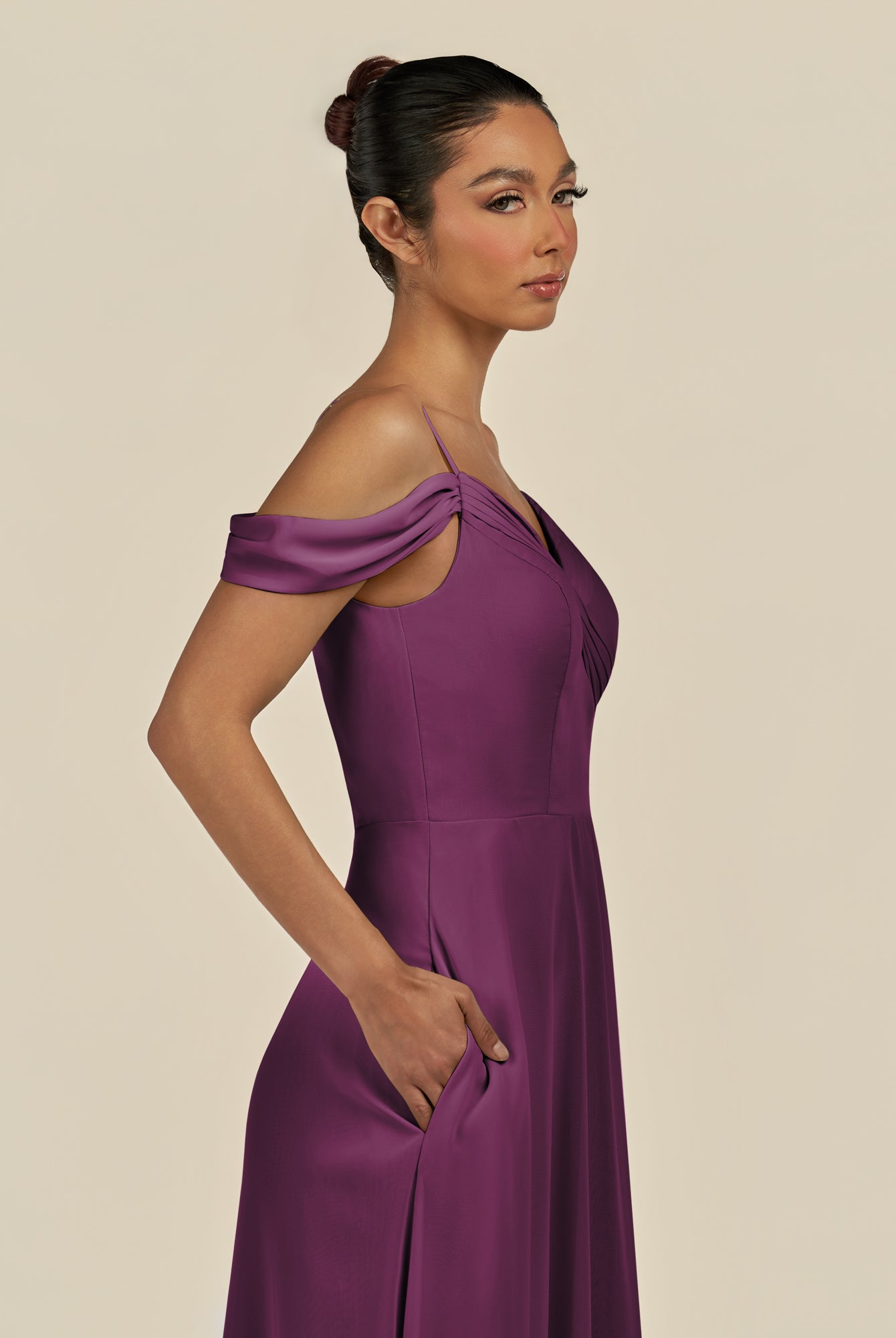 KissDress-Elvani Fig A Line Chiffon Off the Shoulder Long Bridesmaid Dress with Pleats