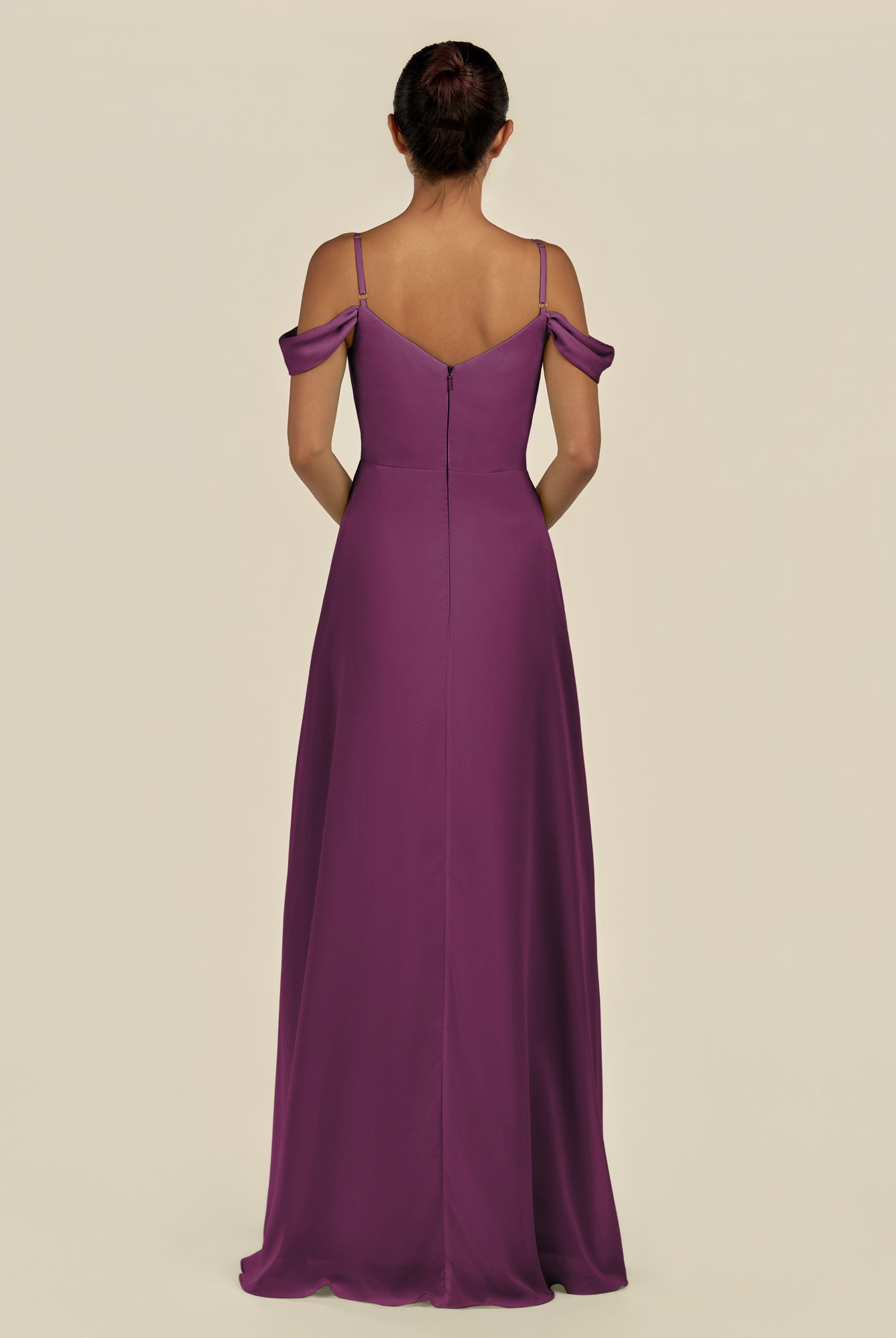 KissDress-Elvani Fig A Line Chiffon Off the Shoulder Long Bridesmaid Dress with Pleats