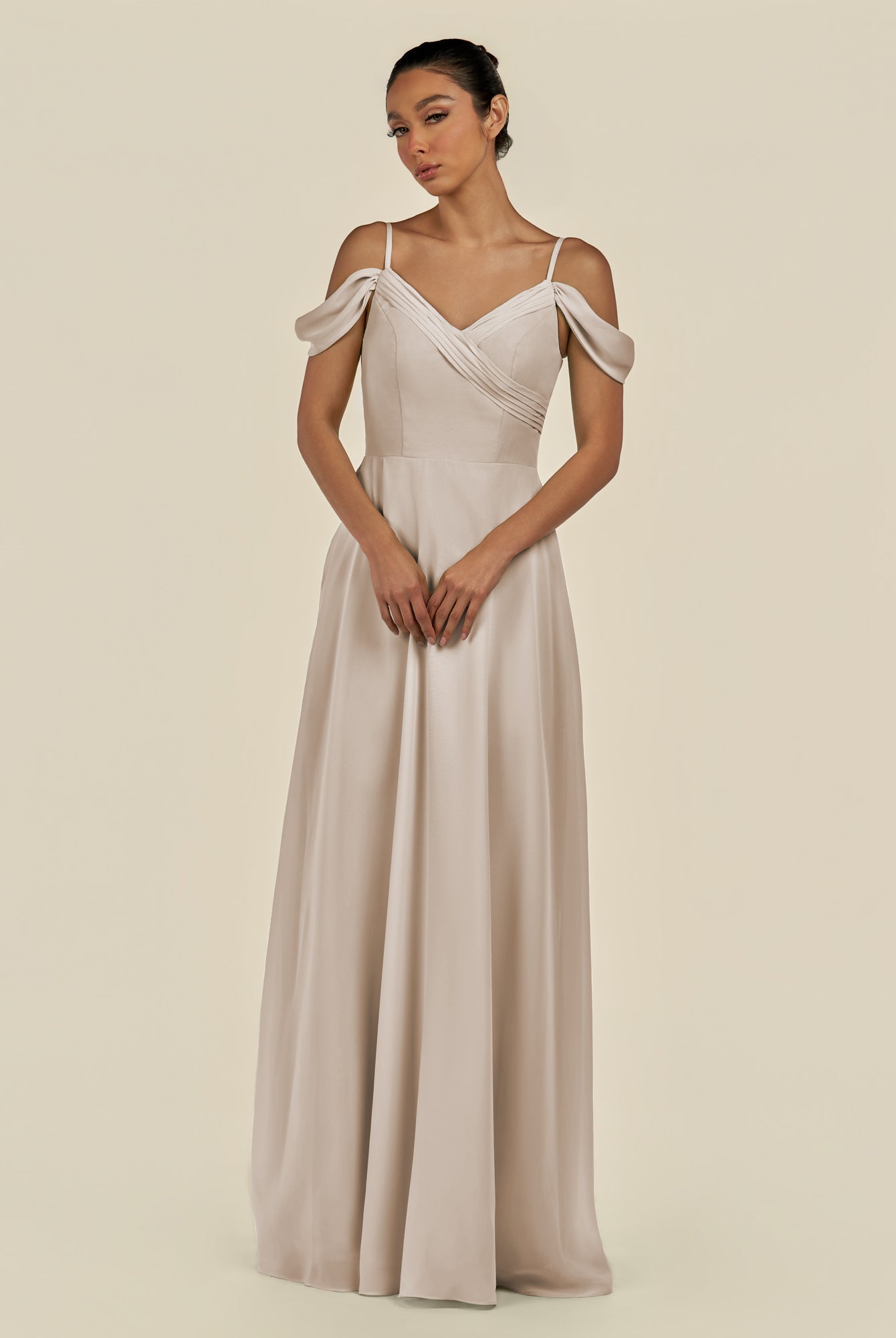 KissDress-Elvani Frost A Line Chiffon Off the Shoulder Long Bridesmaid Dress with Pleats