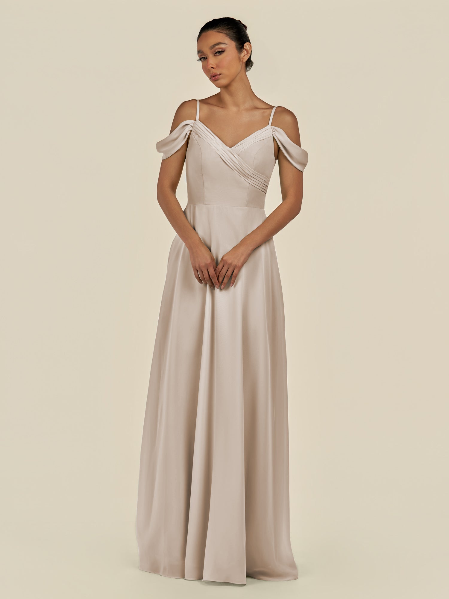 KissDress-Elvani Frost A Line Chiffon Off the Shoulder Long Bridesmaid Dress with Pleats