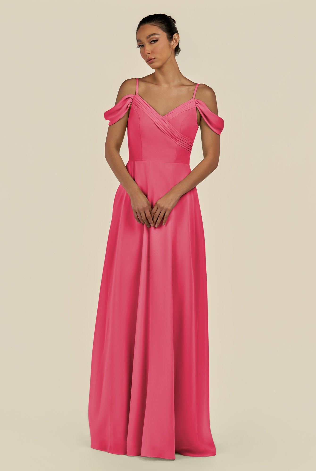 KissDress-Elvani Fuchsia A Line Chiffon Off the Shoulder Long Bridesmaid Dress with Pleats