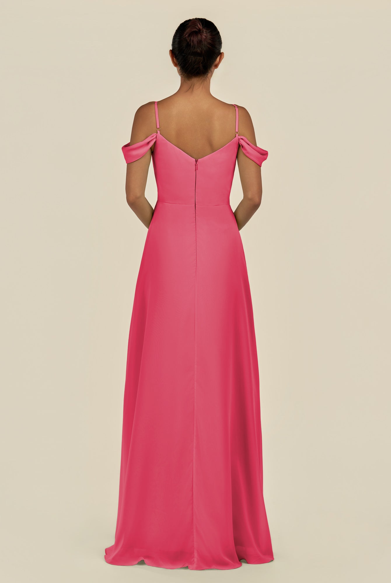 KissDress-Elvani Fuchsia A Line Chiffon Off the Shoulder Long Bridesmaid Dress with Pleats