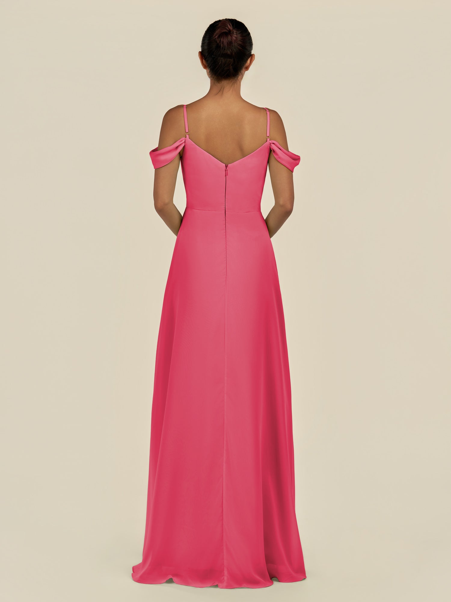 KissDress-Elvani Fuchsia A Line Chiffon Off the Shoulder Long Bridesmaid Dress with Pleats