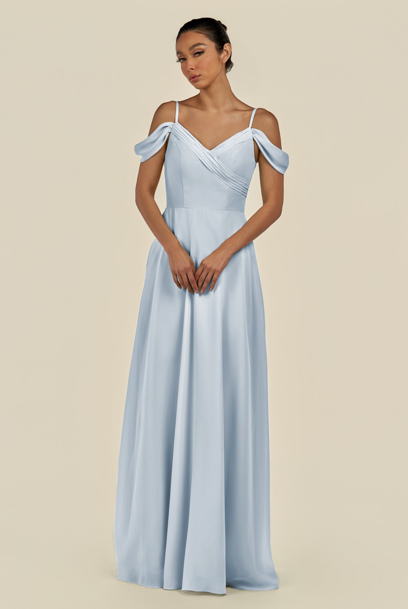 KissDress-Elvani Ice A Line Chiffon Off the Shoulder Long Bridesmaid Dress with Pleats