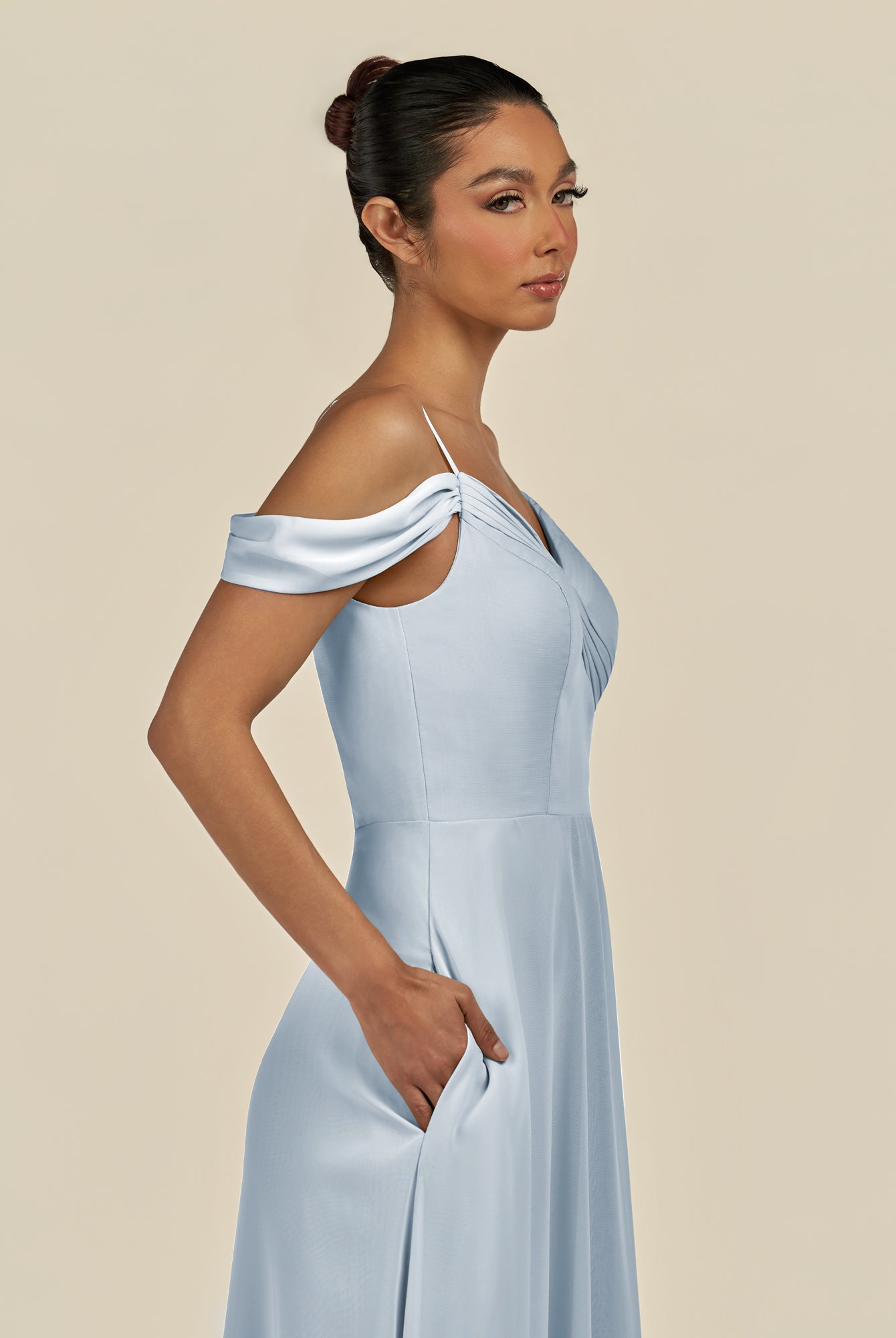 KissDress-Elvani Ice A Line Chiffon Off the Shoulder Long Bridesmaid Dress with Pleats