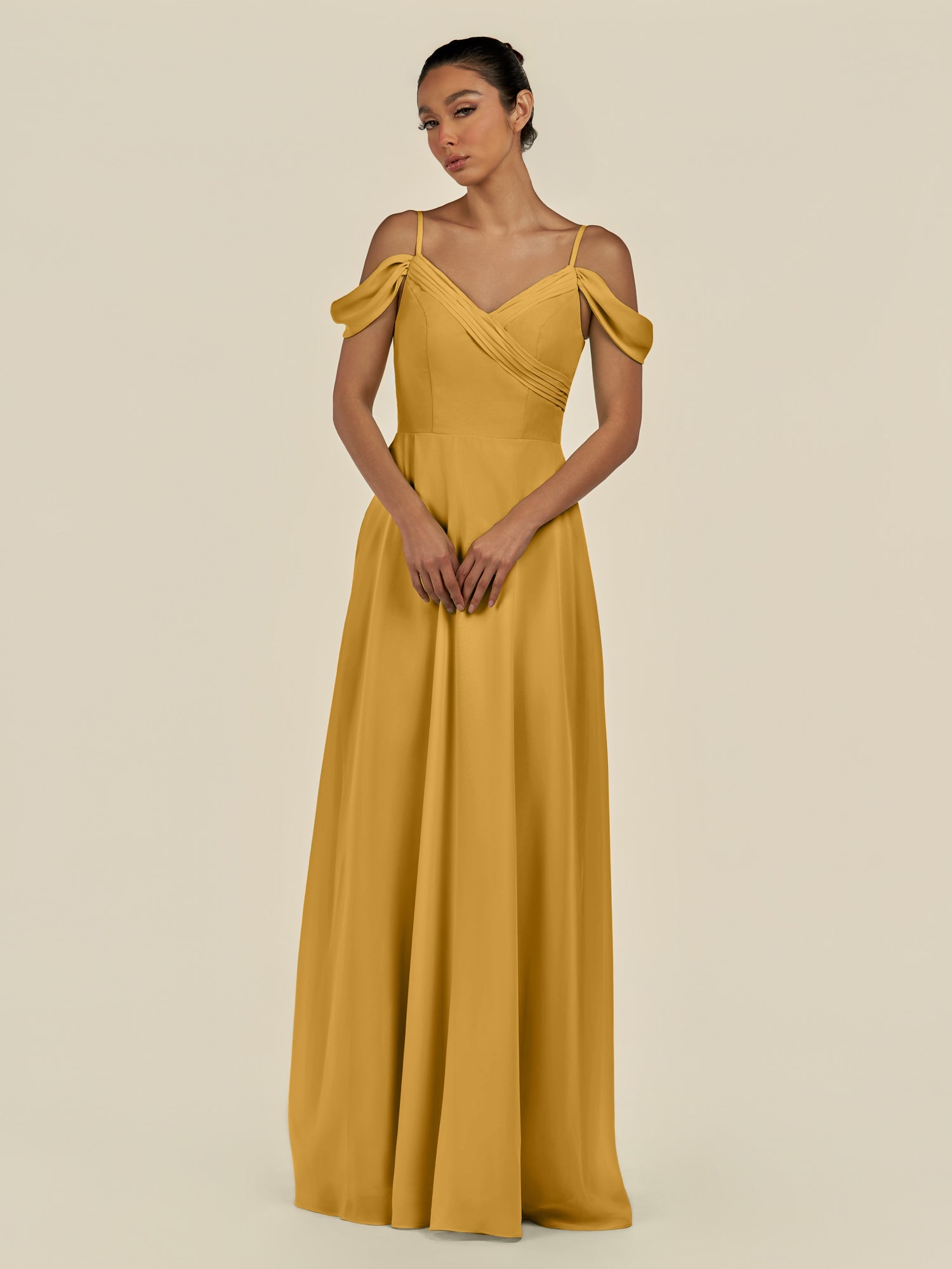 KissDress-Elvani Marigold A Line Chiffon Off the Shoulder Long Bridesmaid Dress with Pleats