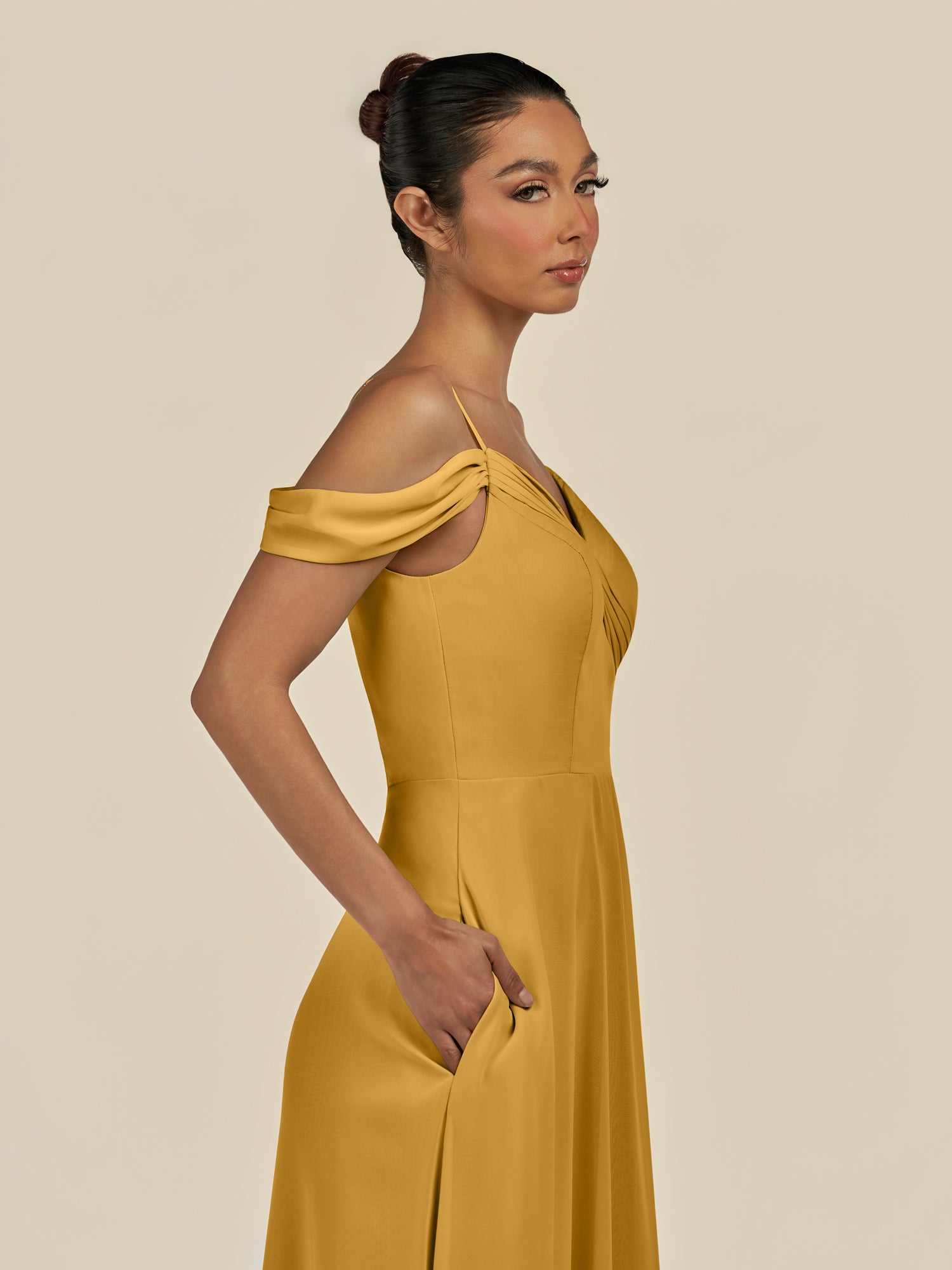 KissDress-Elvani Marigold A Line Chiffon Off the Shoulder Long Bridesmaid Dress with Pleats