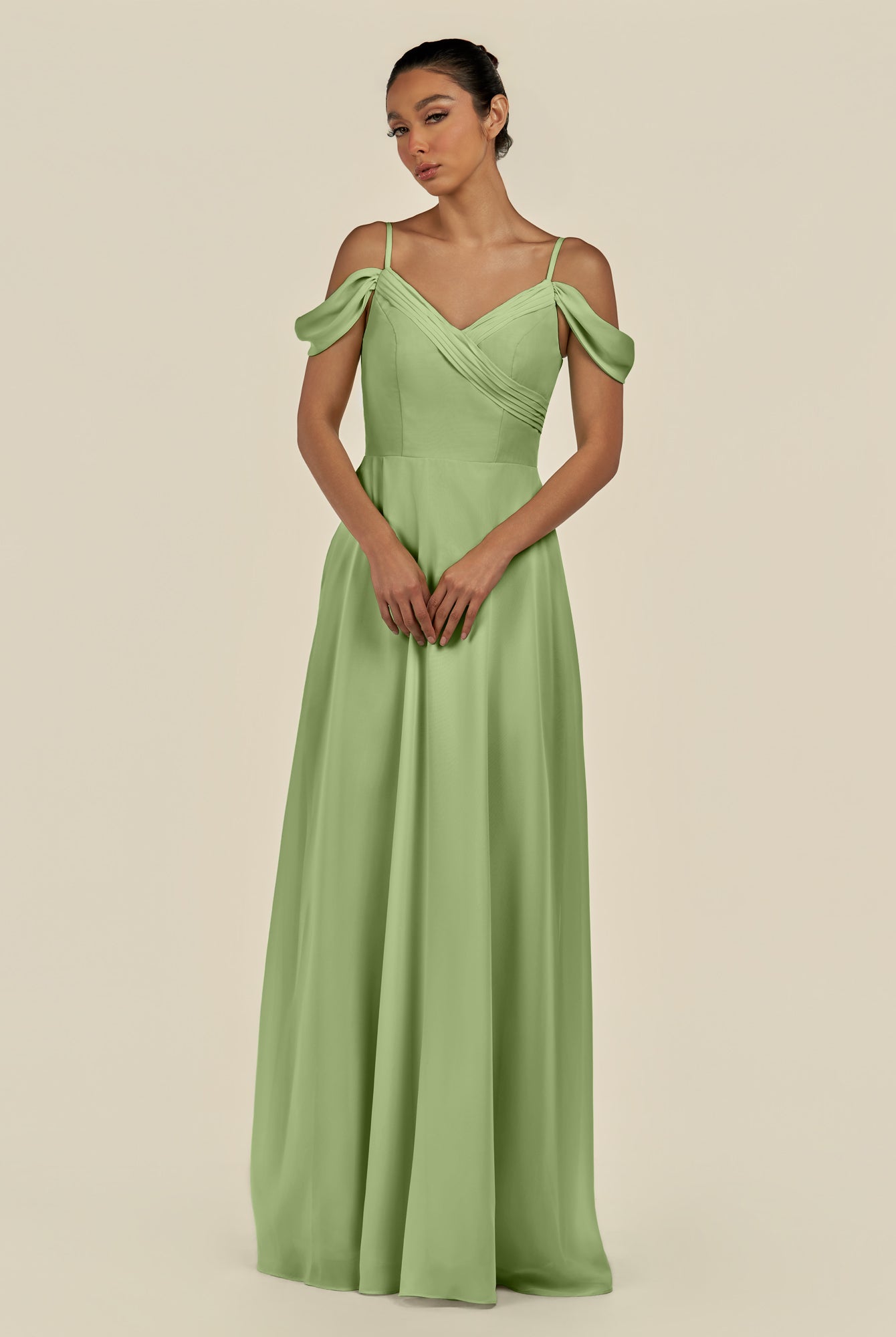 KissDress-Elvani Matcha A Line Chiffon Off the Shoulder Long Bridesmaid Dress with Pleats