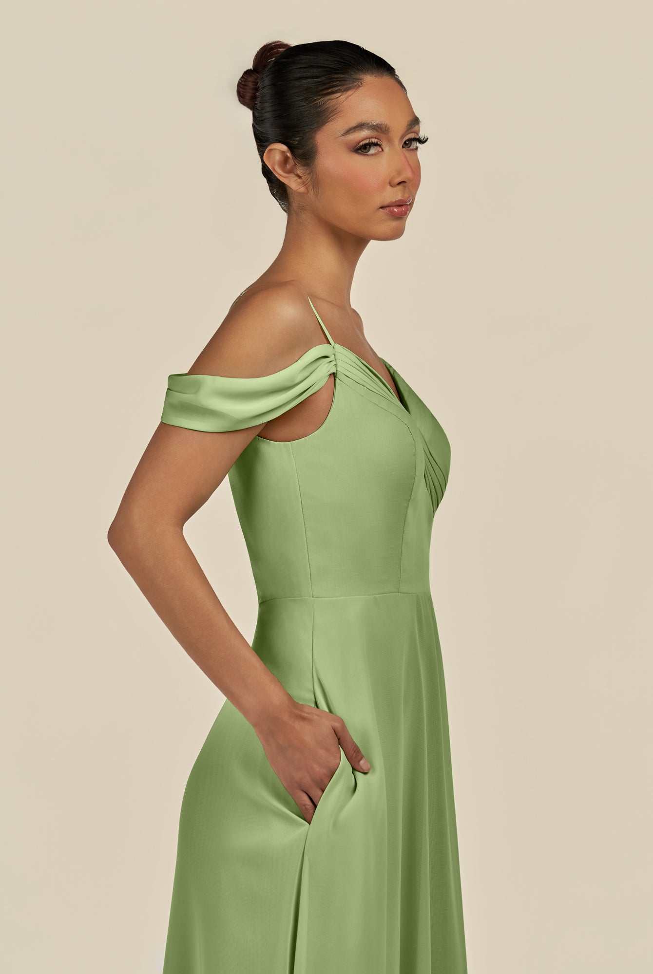 KissDress-Elvani Matcha A Line Chiffon Off the Shoulder Long Bridesmaid Dress with Pleats