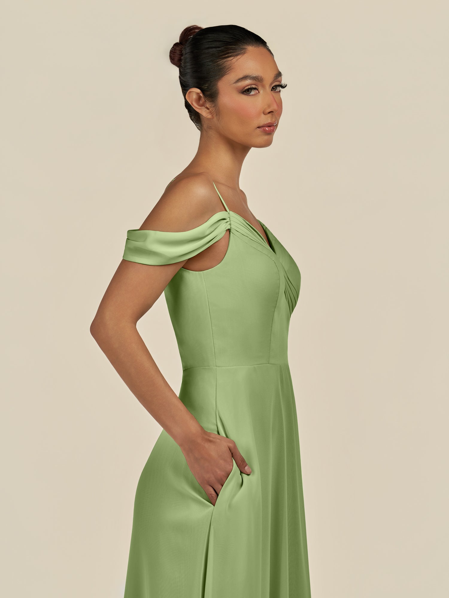 KissDress-Elvani Matcha A Line Chiffon Off the Shoulder Long Bridesmaid Dress with Pleats