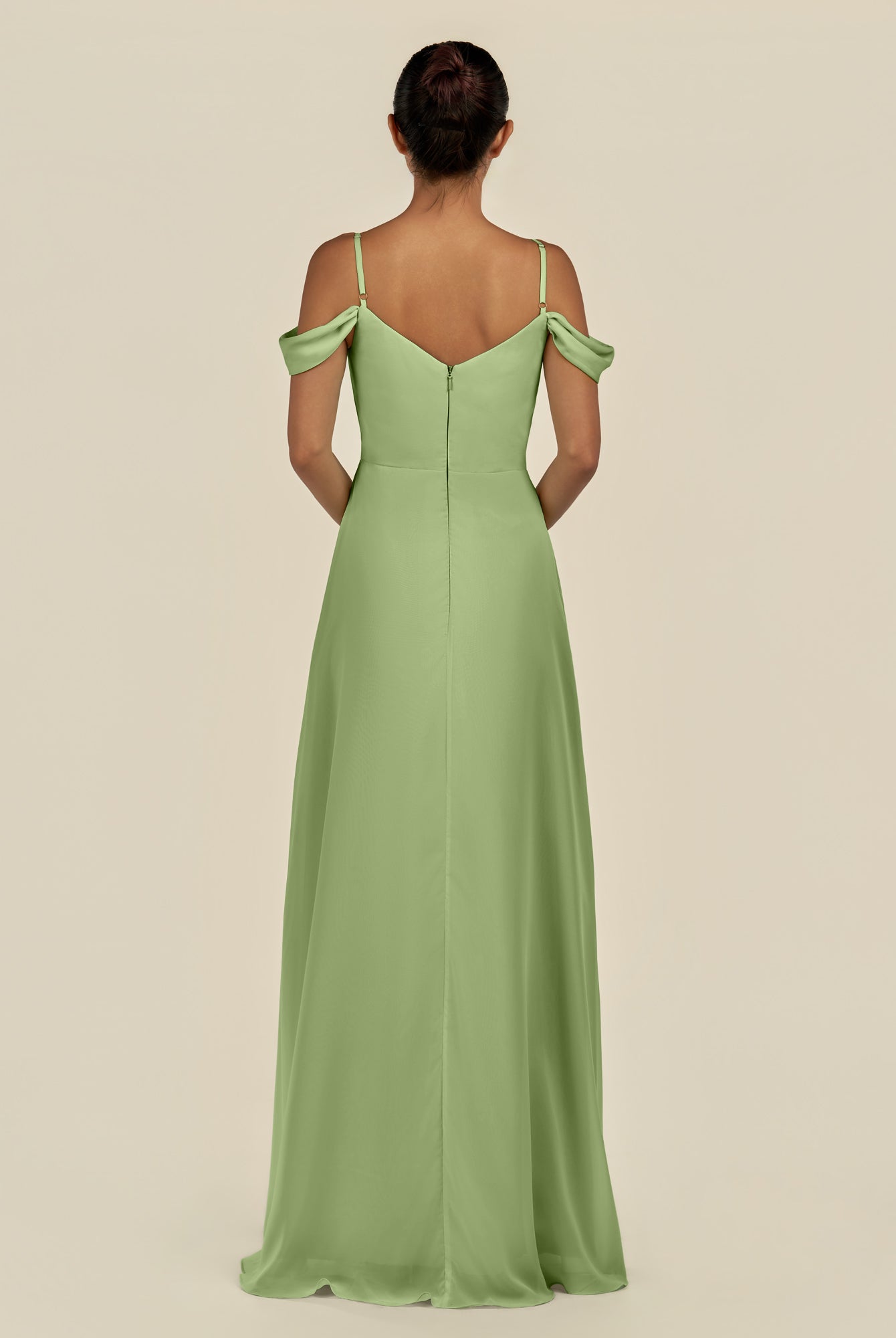 KissDress-Elvani Matcha A Line Chiffon Off the Shoulder Long Bridesmaid Dress with Pleats