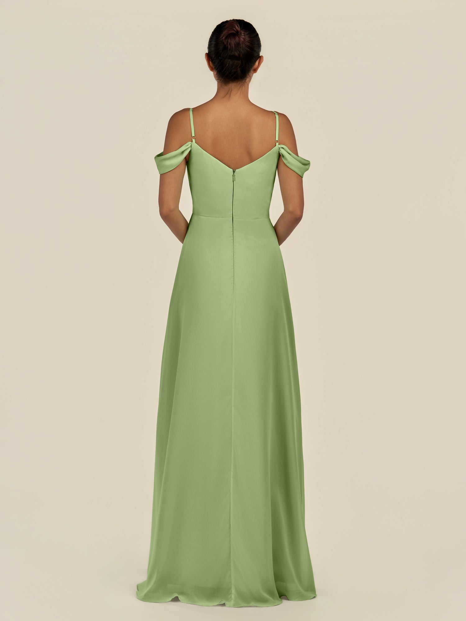 KissDress-Elvani Matcha A Line Chiffon Off the Shoulder Long Bridesmaid Dress with Pleats