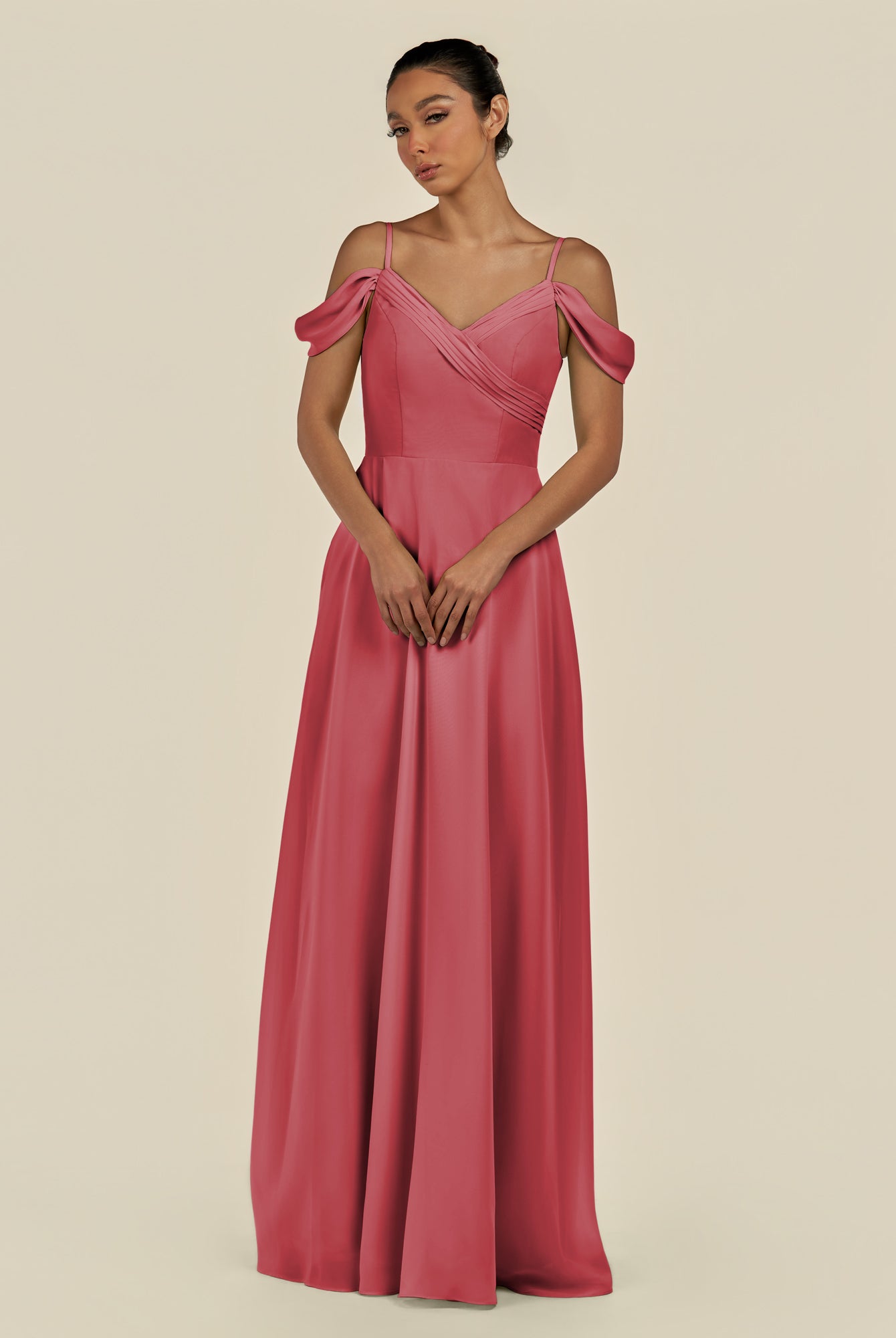KissDress-Elvani Merlot A Line Chiffon Off the Shoulder Long Bridesmaid Dress with Pleats