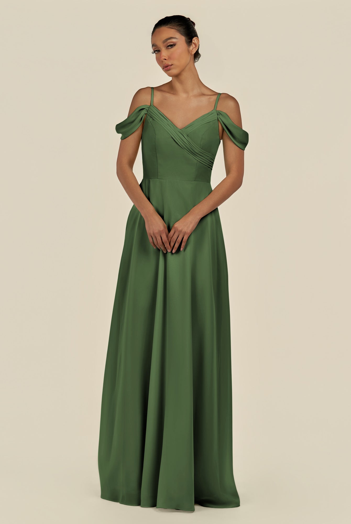 KissDress-Elvani Moss A Line Chiffon Off the Shoulder Long Bridesmaid Dress with Pleats