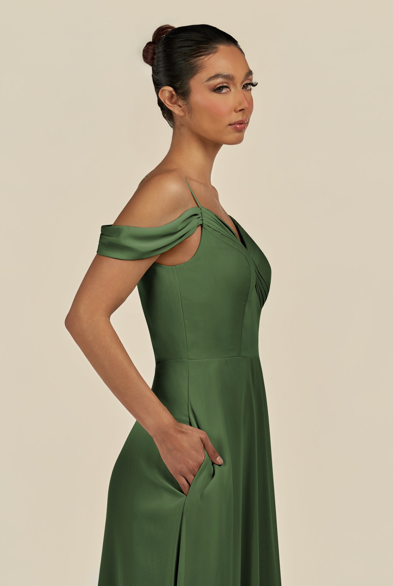 KissDress-Elvani Moss A Line Chiffon Off the Shoulder Long Bridesmaid Dress with Pleats