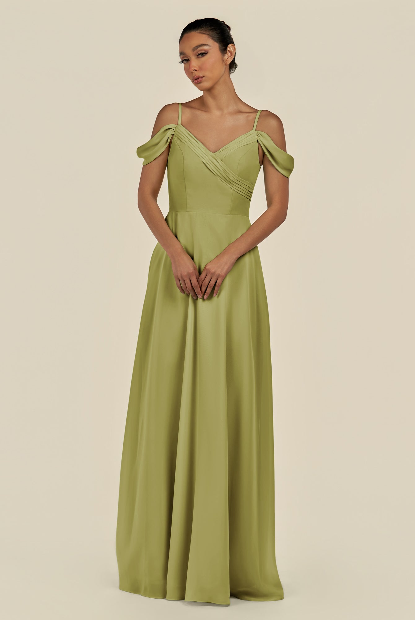 KissDress-Elvani Moss Green A Line Chiffon Off the Shoulder Long Bridesmaid Dress with Pleats