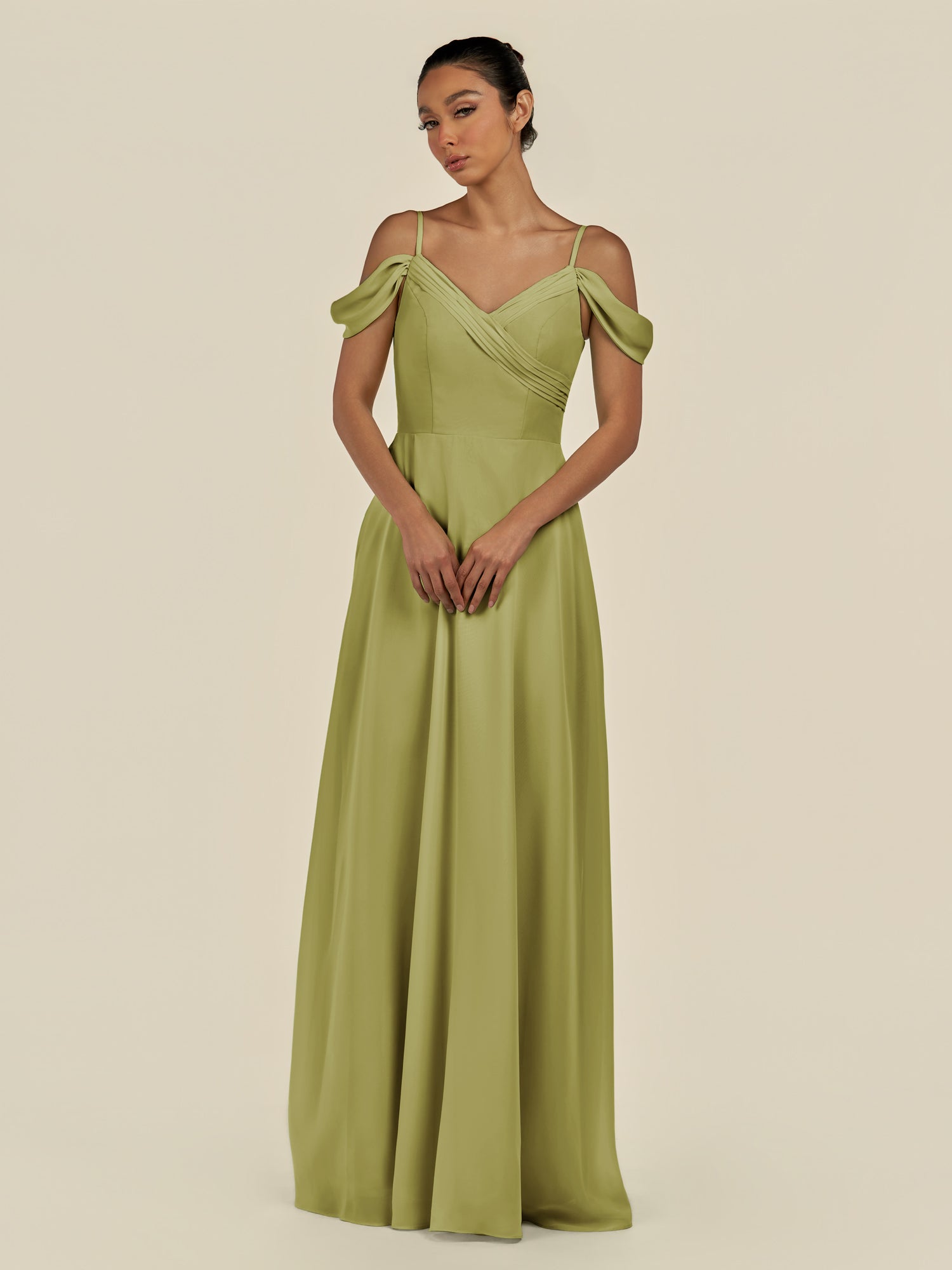 KissDress-Elvani Moss Green A Line Chiffon Off the Shoulder Long Bridesmaid Dress with Pleats