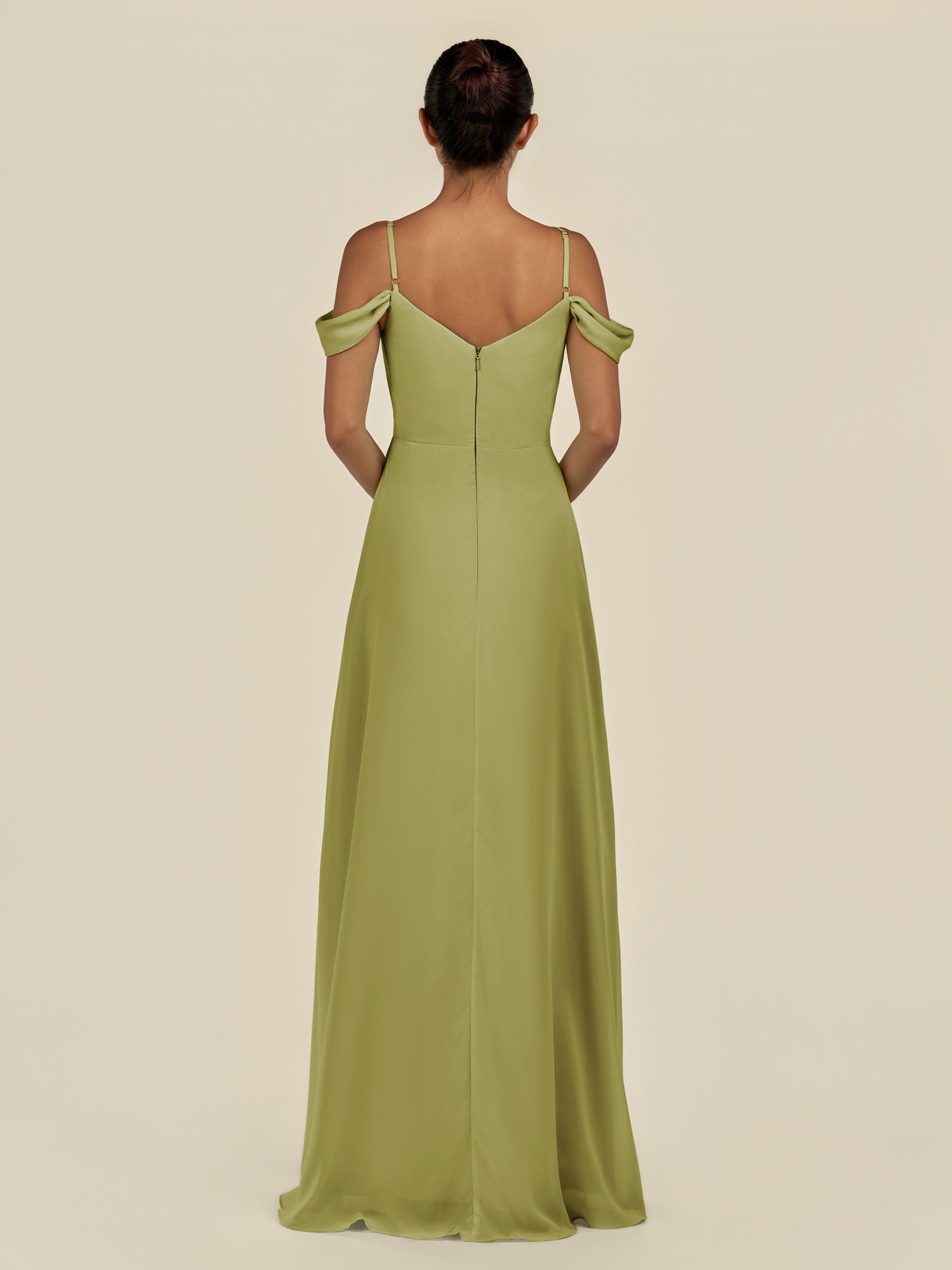 KissDress-Elvani Moss Green A Line Chiffon Off the Shoulder Long Bridesmaid Dress with Pleats