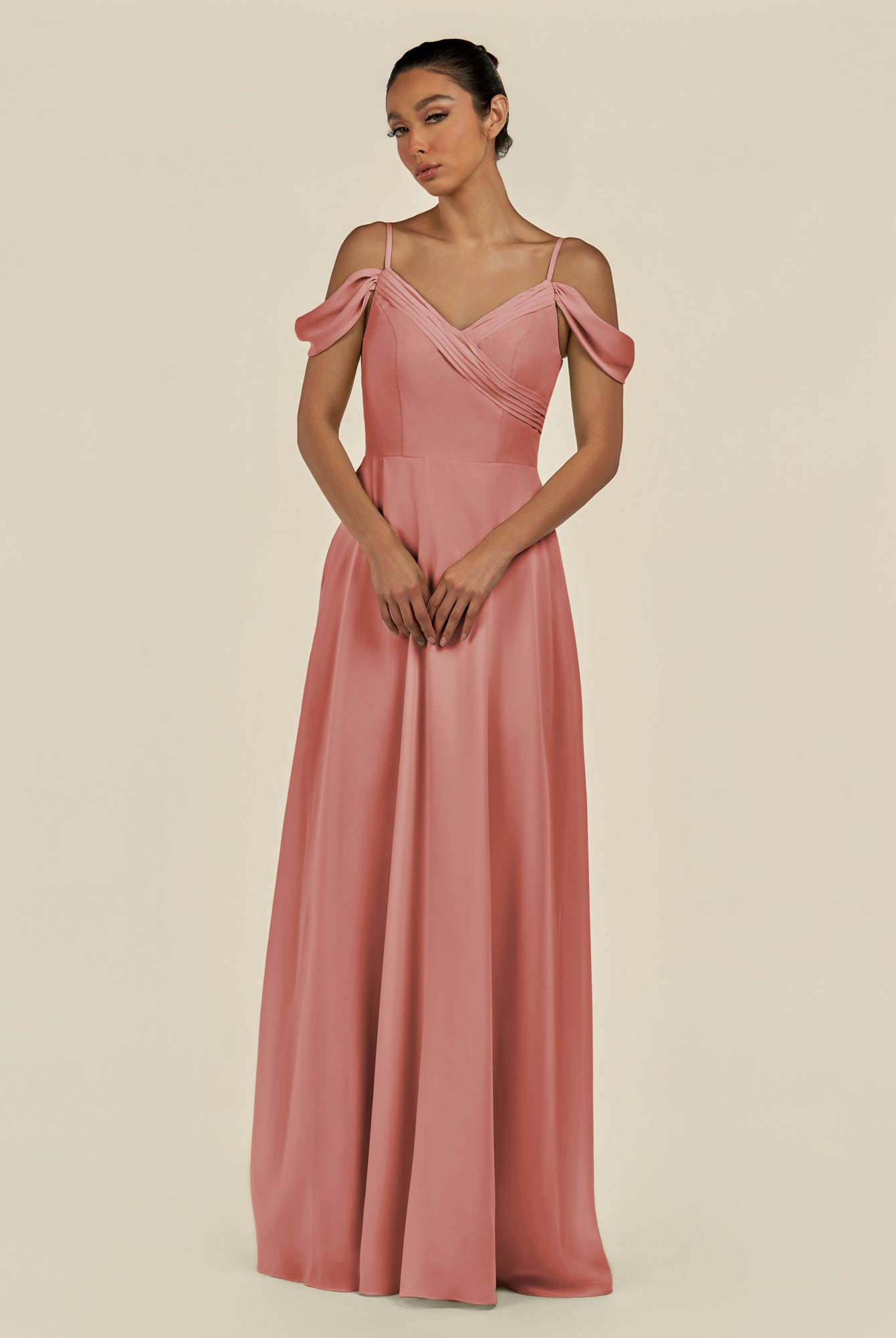 KissDress-Elvani Mulberry A Line Chiffon Off the Shoulder Long Bridesmaid Dress with Pleats