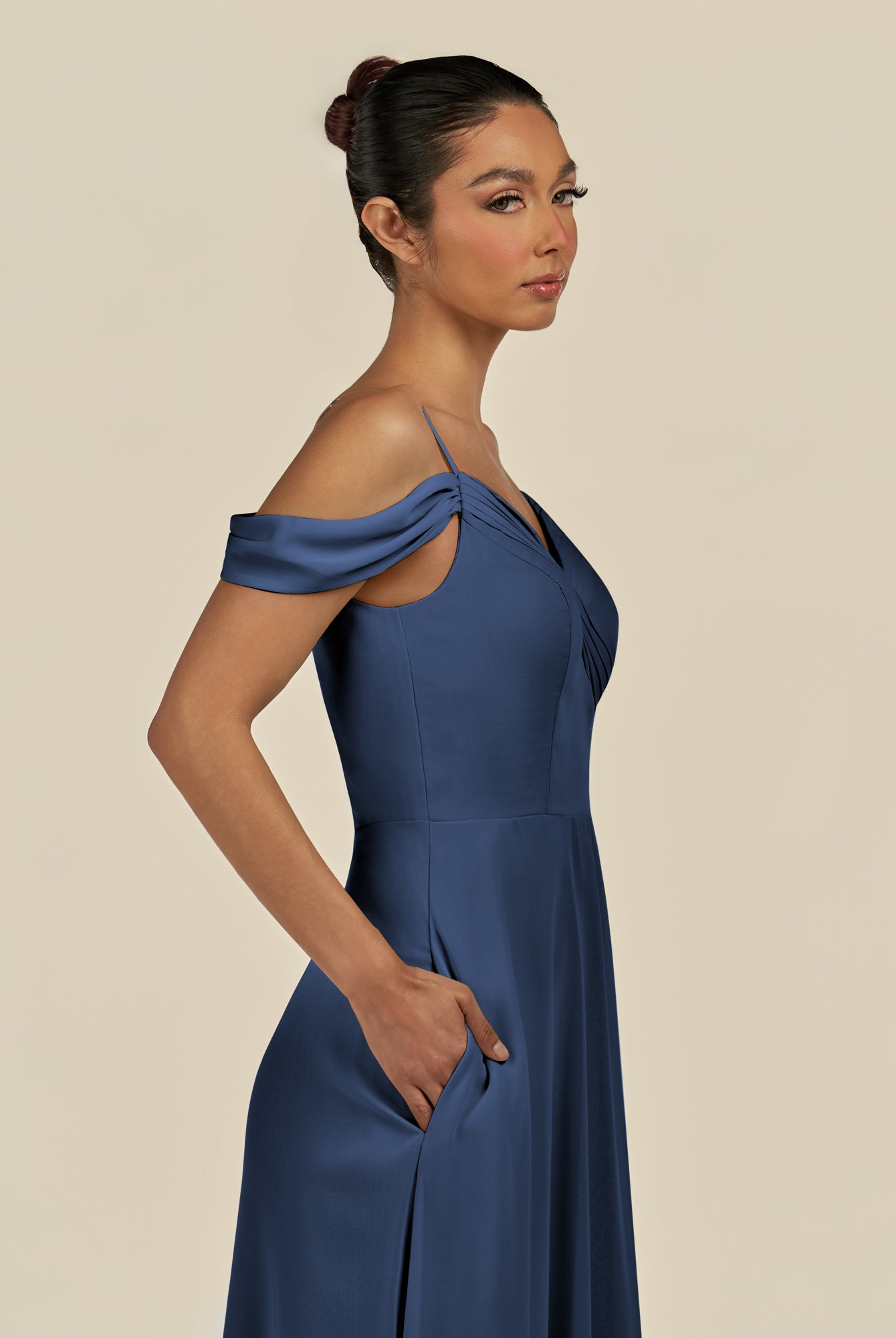 KissDress-Elvani Navy A Line Chiffon Off the Shoulder Long Bridesmaid Dress with Pleats