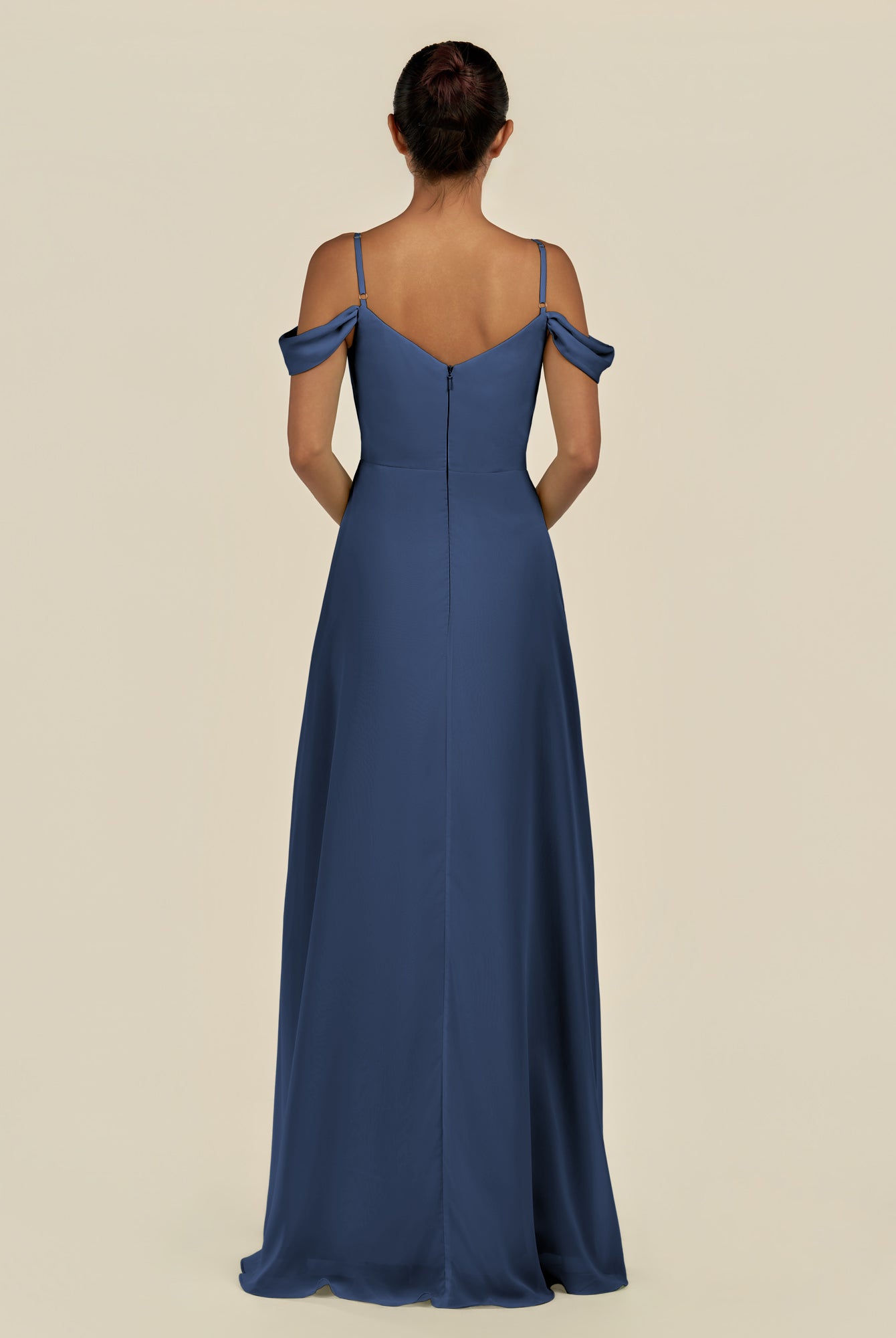 KissDress-Elvani Navy A Line Chiffon Off the Shoulder Long Bridesmaid Dress with Pleats