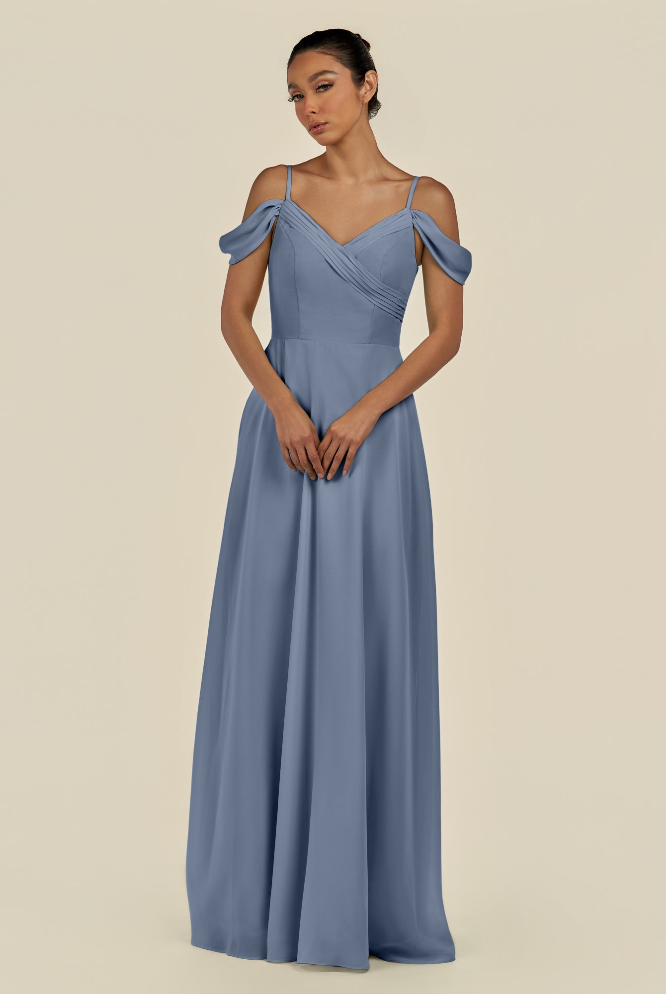 KissDress-Elvani Neptune A Line Chiffon Off the Shoulder Long Bridesmaid Dress with Pleats