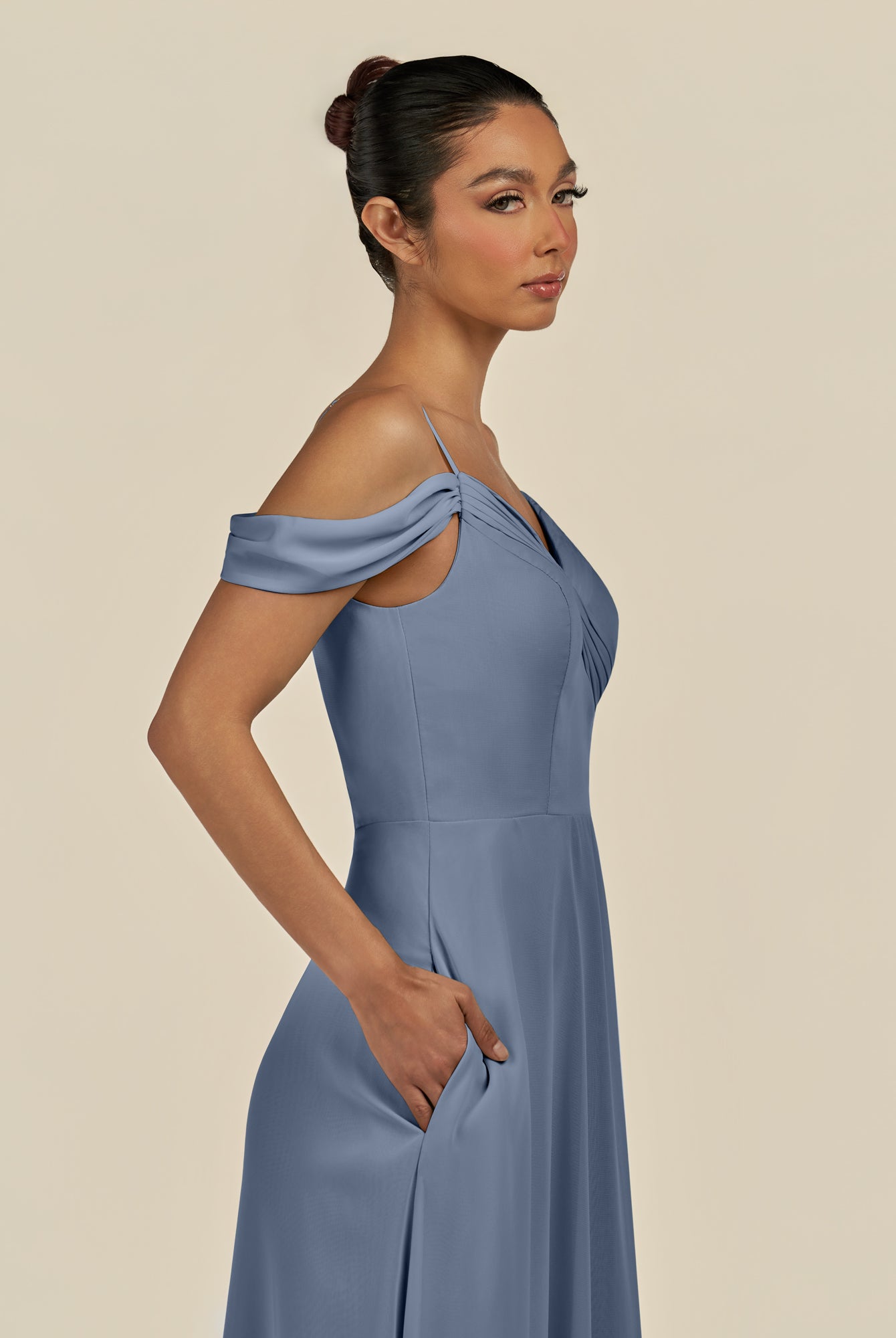 KissDress-Elvani Neptune A Line Chiffon Off the Shoulder Long Bridesmaid Dress with Pleats