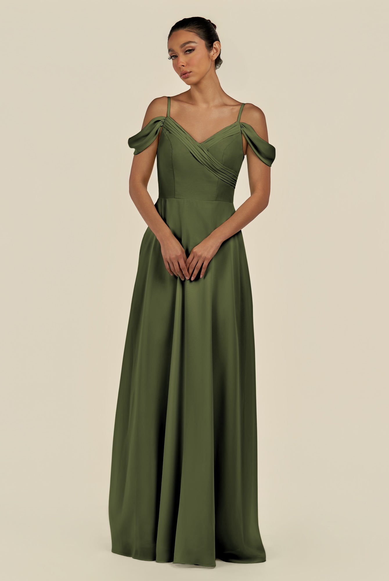 KissDress-Elvani Olive A Line Chiffon Off the Shoulder Long Bridesmaid Dress with Pleats