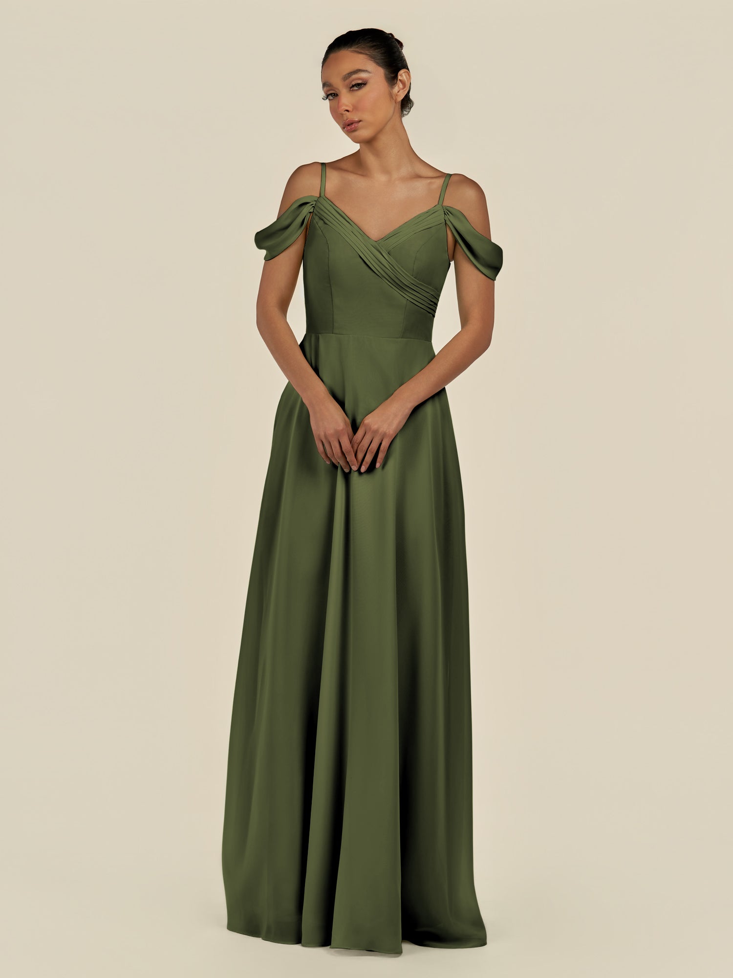 KissDress-Elvani Olive A Line Chiffon Off the Shoulder Long Bridesmaid Dress with Pleats