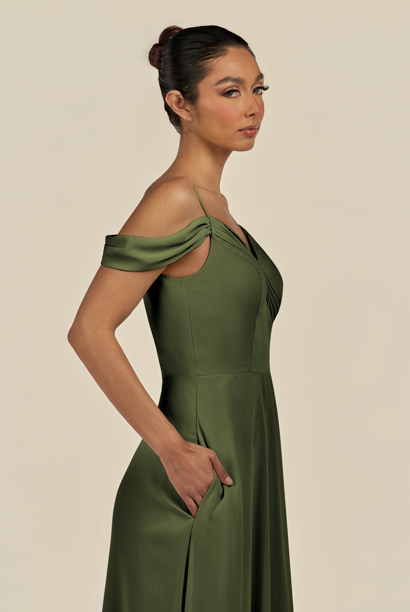 KissDress-Elvani Olive A Line Chiffon Off the Shoulder Long Bridesmaid Dress with Pleats