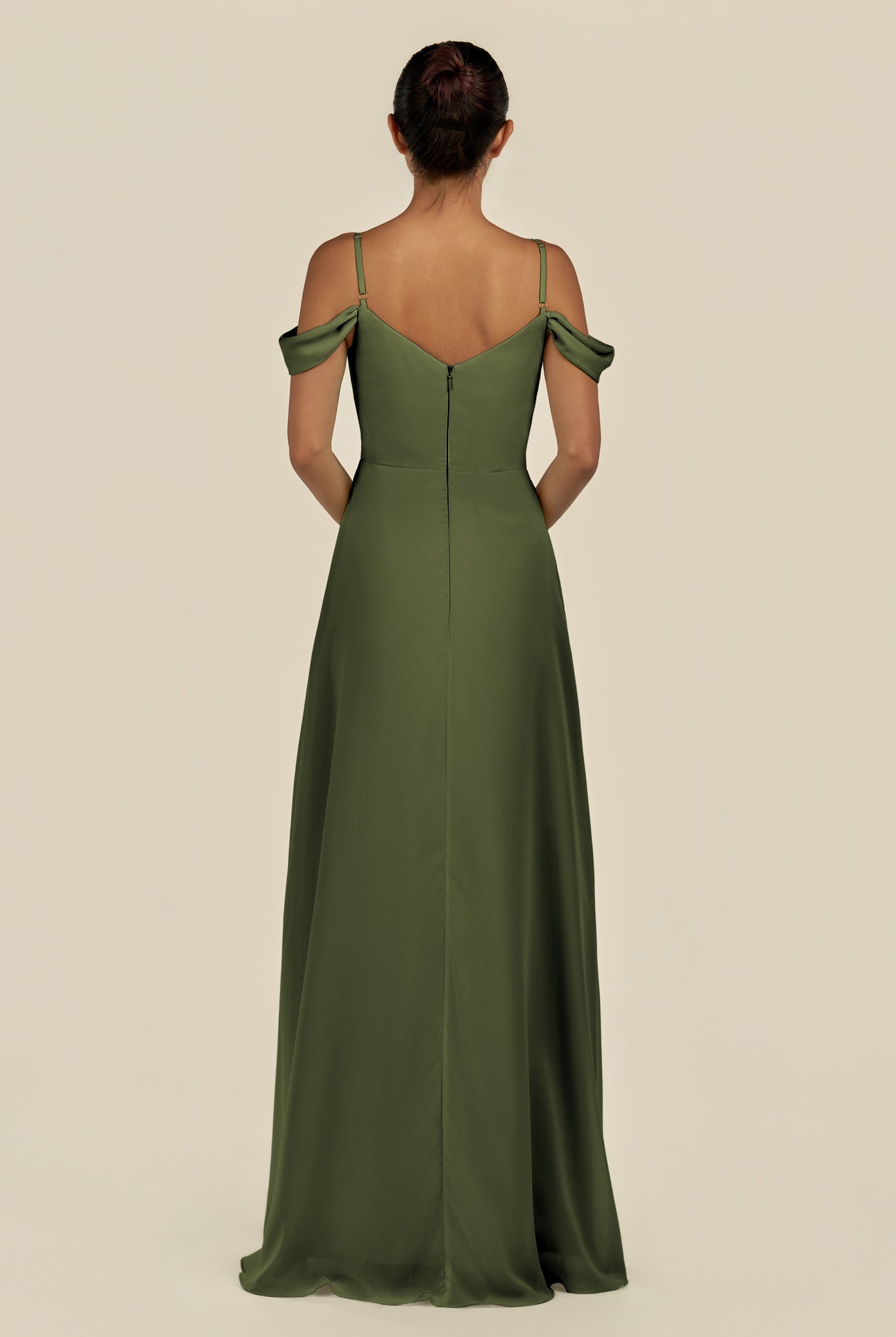 KissDress-Elvani Olive A Line Chiffon Off the Shoulder Long Bridesmaid Dress with Pleats