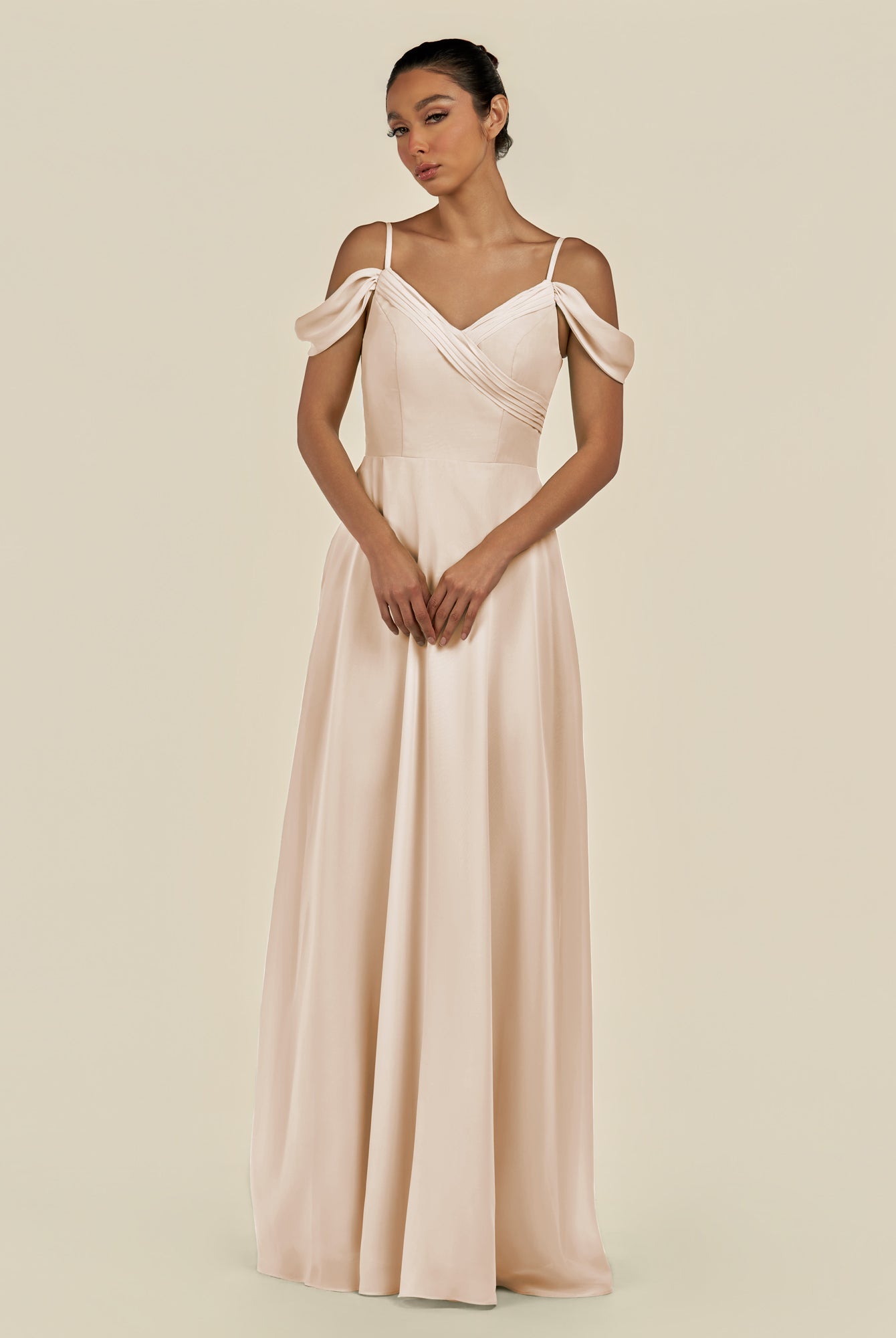 KissDress-Elvani Pale Blush A Line Chiffon Off the Shoulder Long Bridesmaid Dress with Pleats