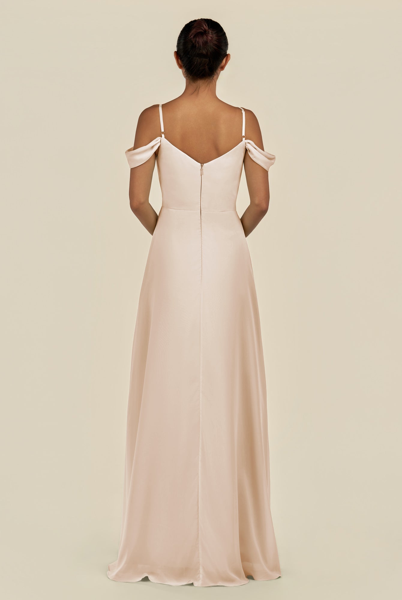 KissDress-Elvani Pale Blush A Line Chiffon Off the Shoulder Long Bridesmaid Dress with Pleats