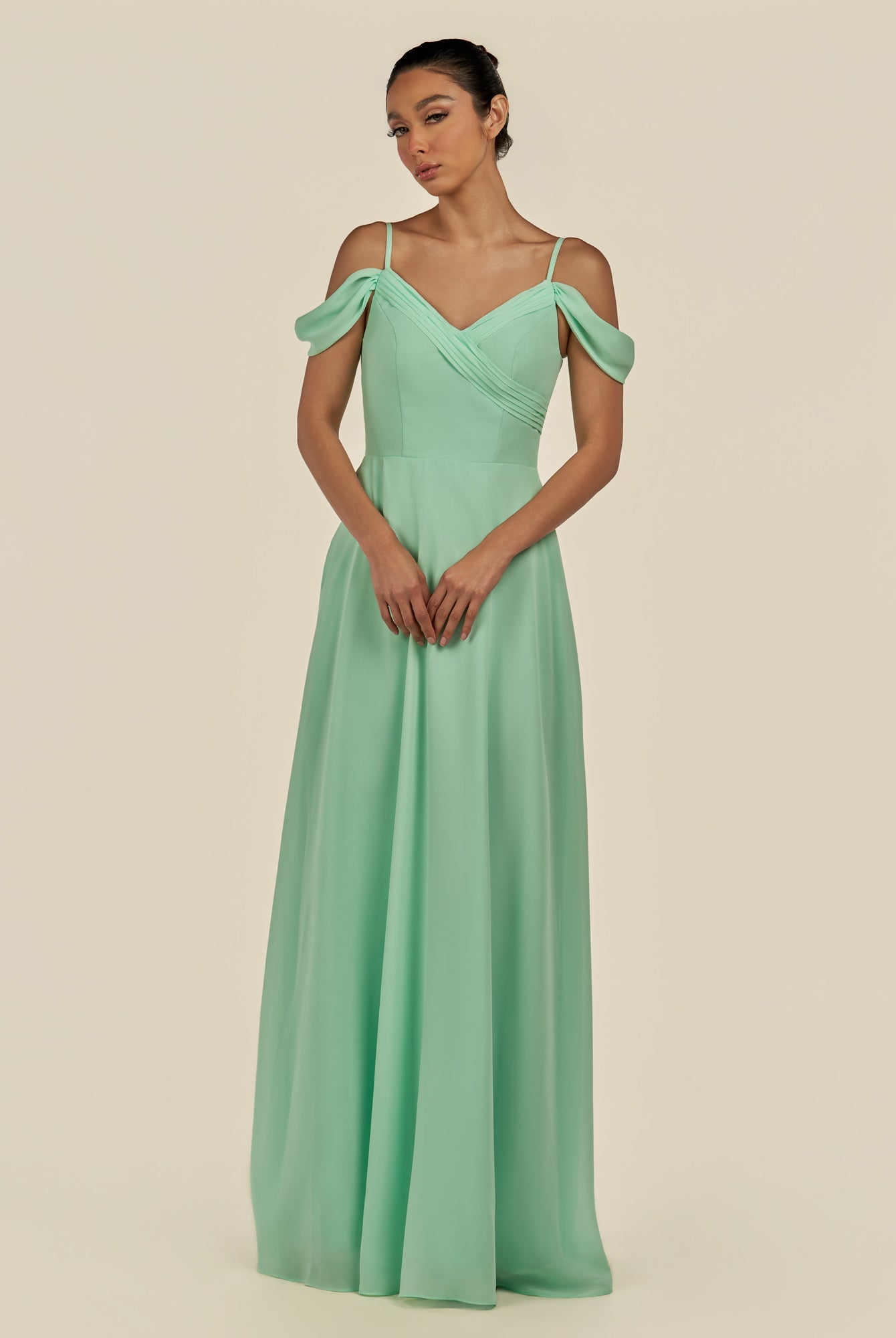 KissDress-Elvani Pale Pistachio A Line Chiffon Off the Shoulder Long Bridesmaid Dress with Pleats