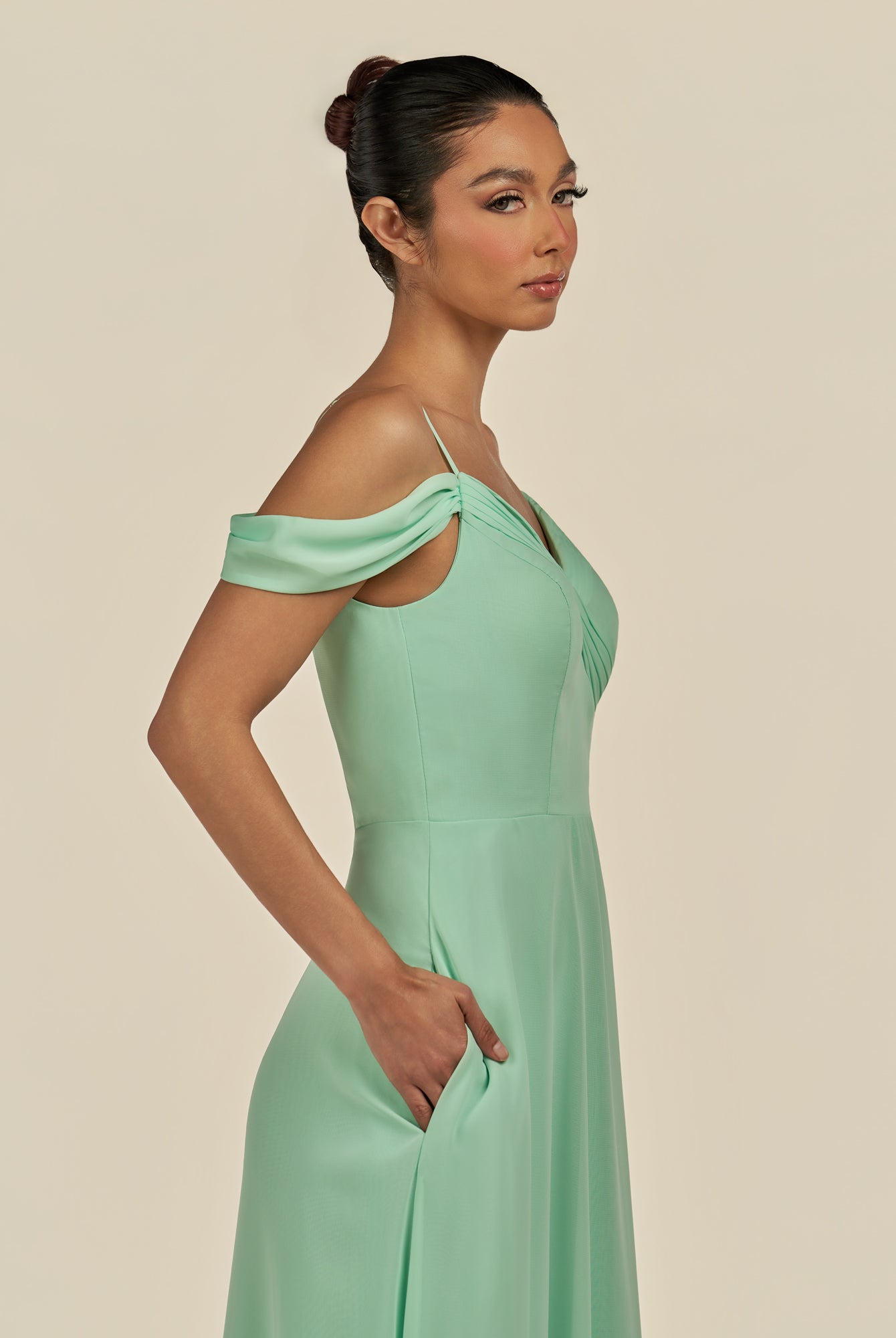 KissDress-Elvani Pale Pistachio A Line Chiffon Off the Shoulder Long Bridesmaid Dress with Pleats