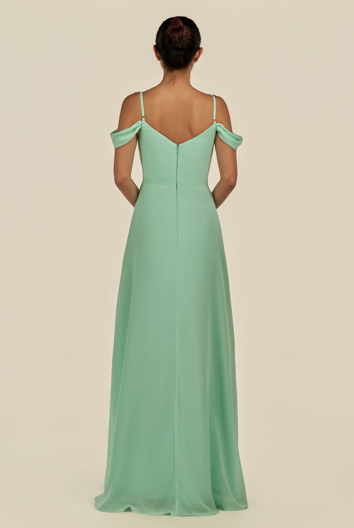 KissDress-Elvani Pale Pistachio A Line Chiffon Off the Shoulder Long Bridesmaid Dress with Pleats