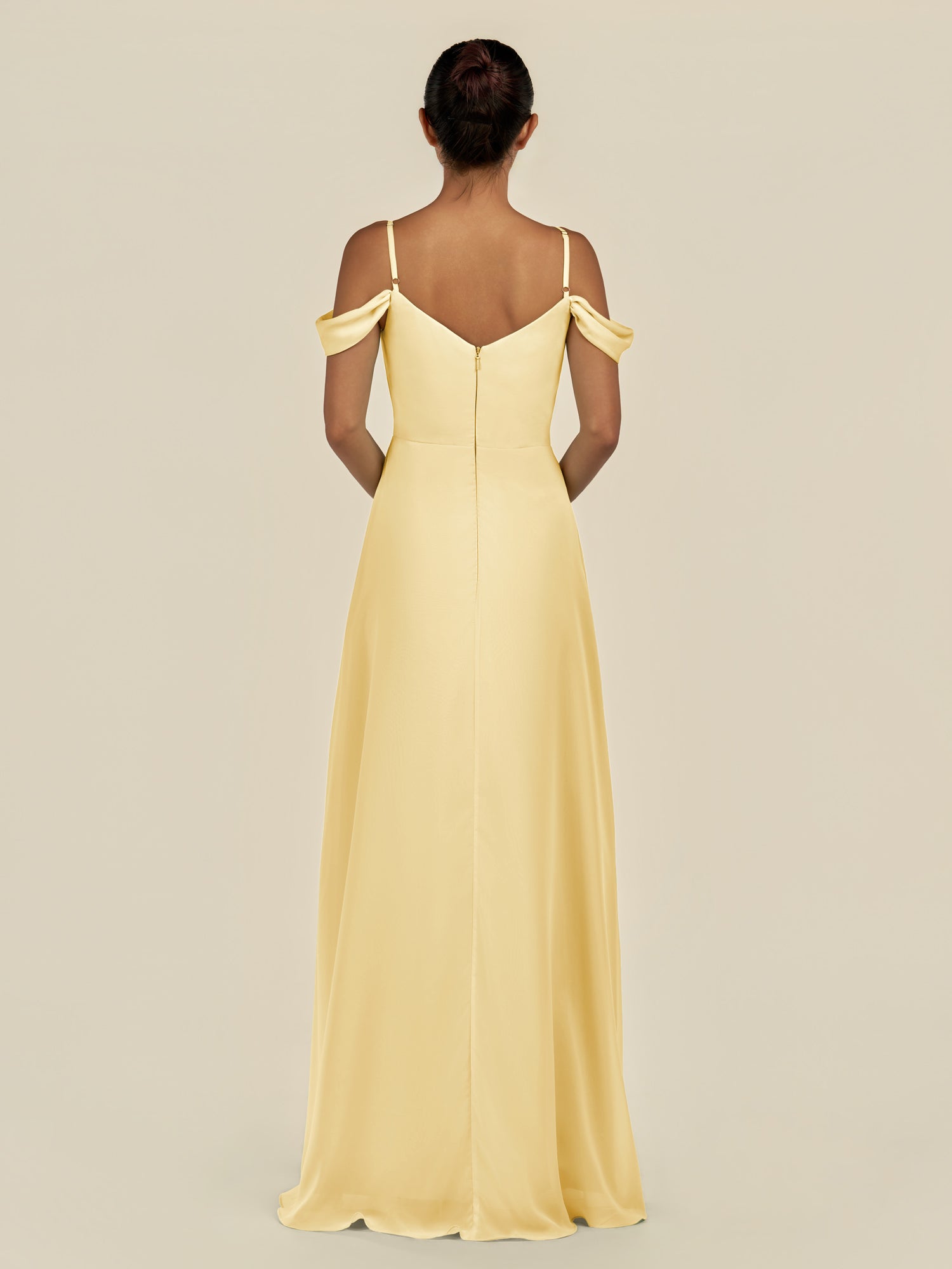 KissDress-Elvani Pastel Yellow A Line Chiffon Off the Shoulder Long Bridesmaid Dress with Pleats