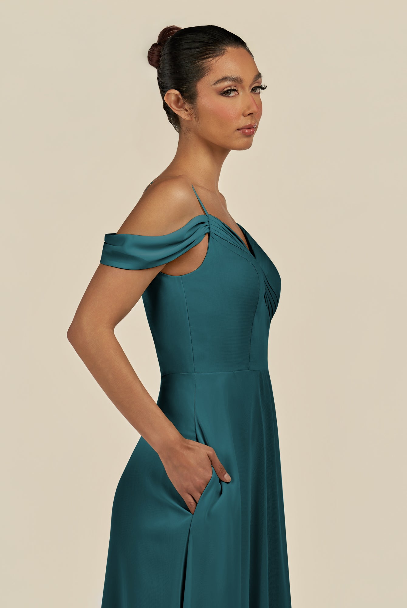 KissDress-Elvani Pine A Line Chiffon Off the Shoulder Long Bridesmaid Dress with Pleats