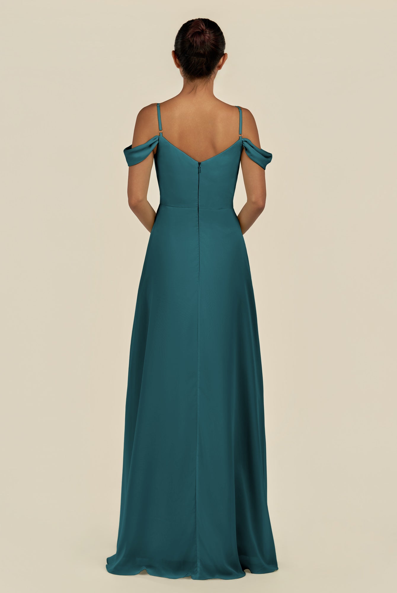 KissDress-Elvani Pine A Line Chiffon Off the Shoulder Long Bridesmaid Dress with Pleats
