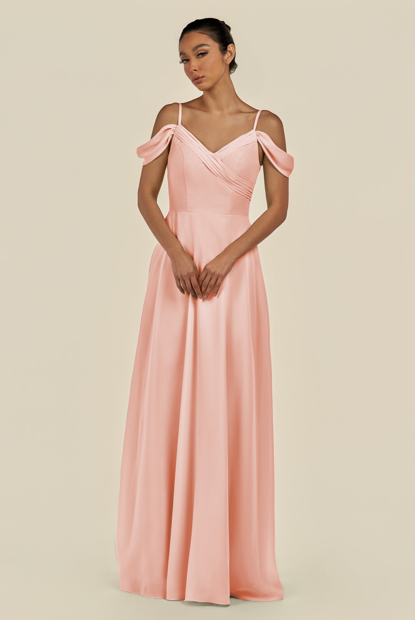 KissDress-Elvani Rose Petal A Line Chiffon Off the Shoulder Long Bridesmaid Dress with Pleats