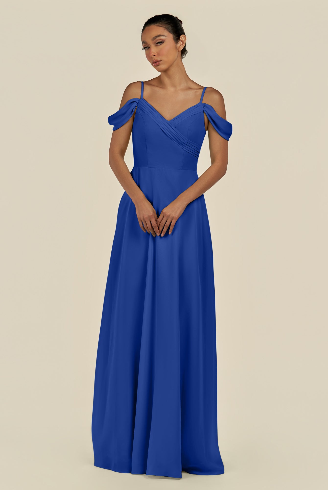 KissDress-Elvani Royal Blue A Line Chiffon Off the Shoulder Long Bridesmaid Dress with Pleats